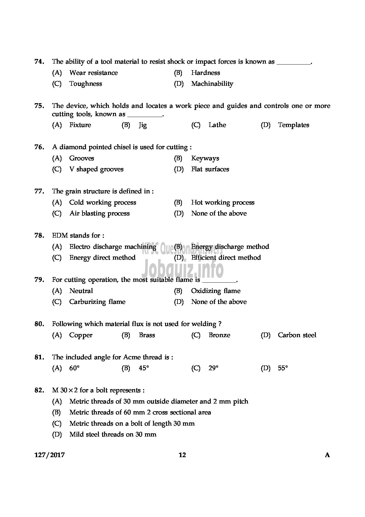 Kerala PSC Question Paper - DRAFTMAN GR II MECHANICAL PORT DPT-12