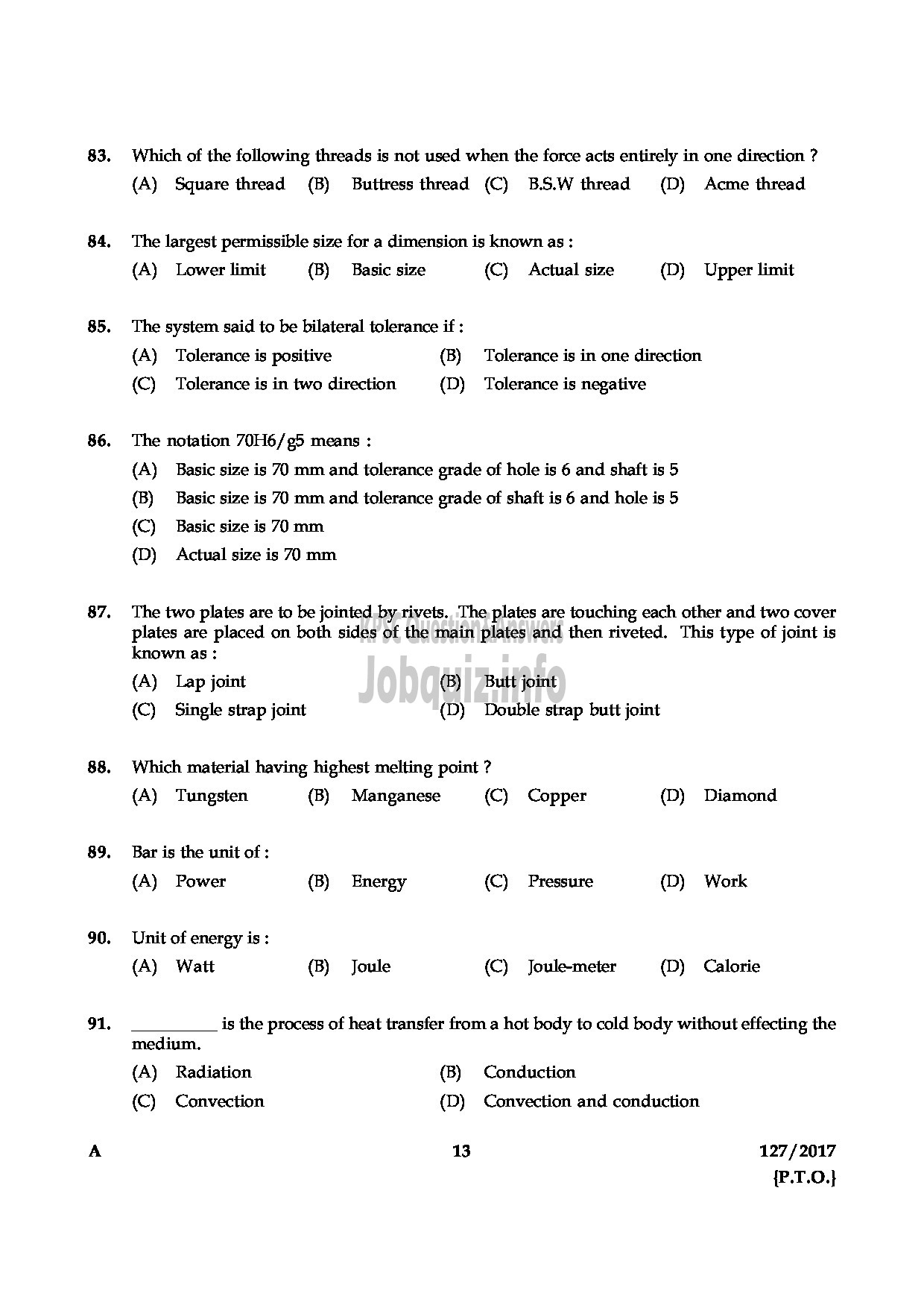 Kerala PSC Question Paper - DRAFTMAN GR II MECHANICAL PORT DPT-13