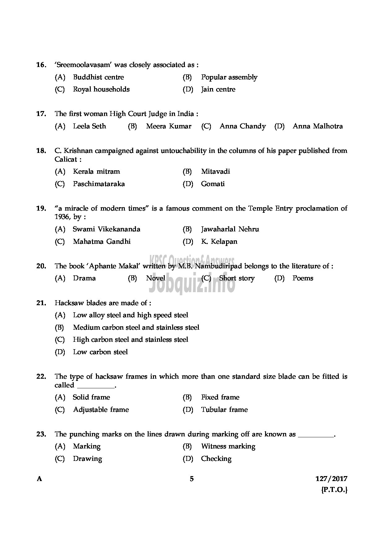 Kerala PSC Question Paper - DRAFTMAN GR II MECHANICAL PORT DPT-5