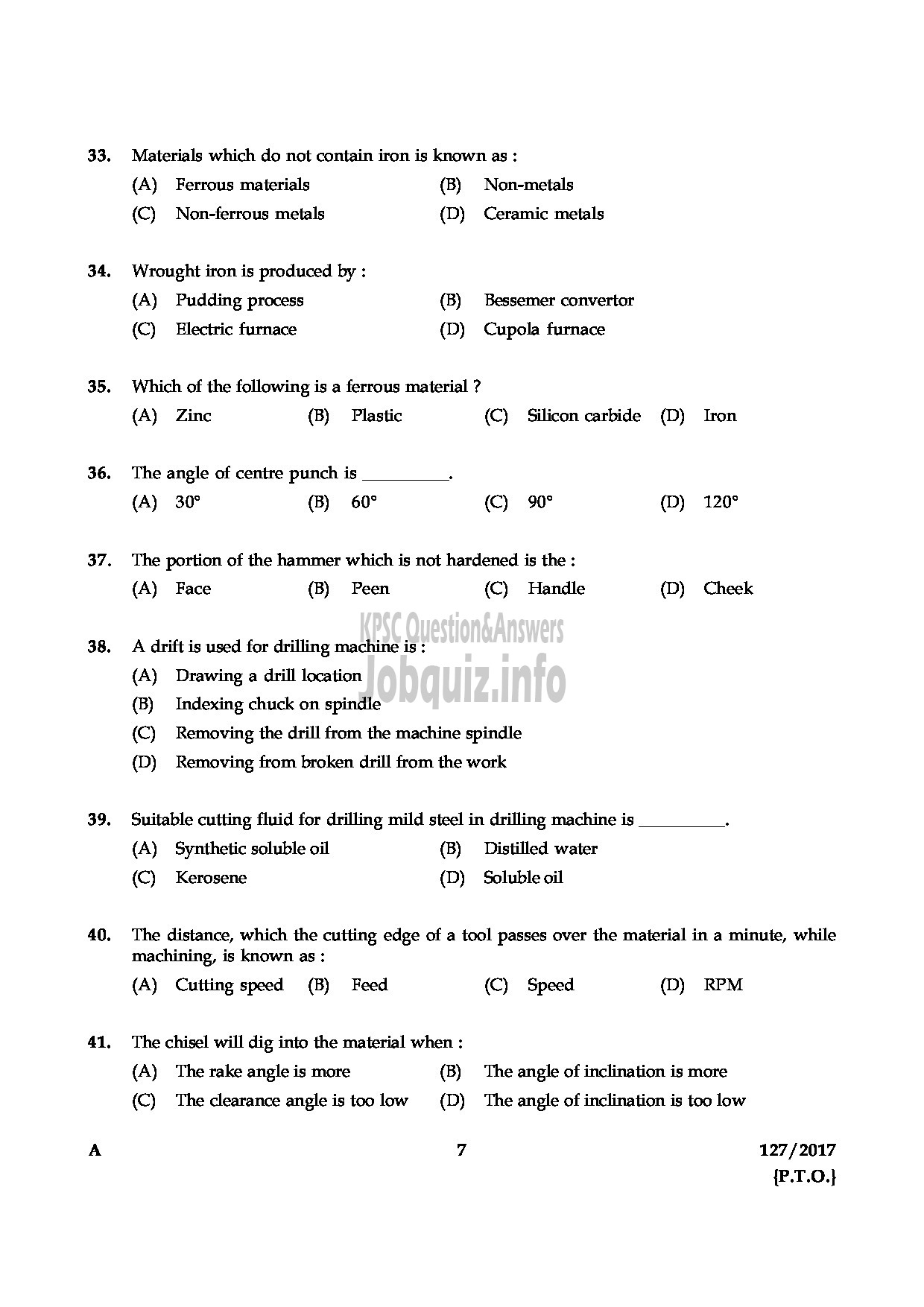 Kerala PSC Question Paper - DRAFTMAN GR II MECHANICAL PORT DPT-7