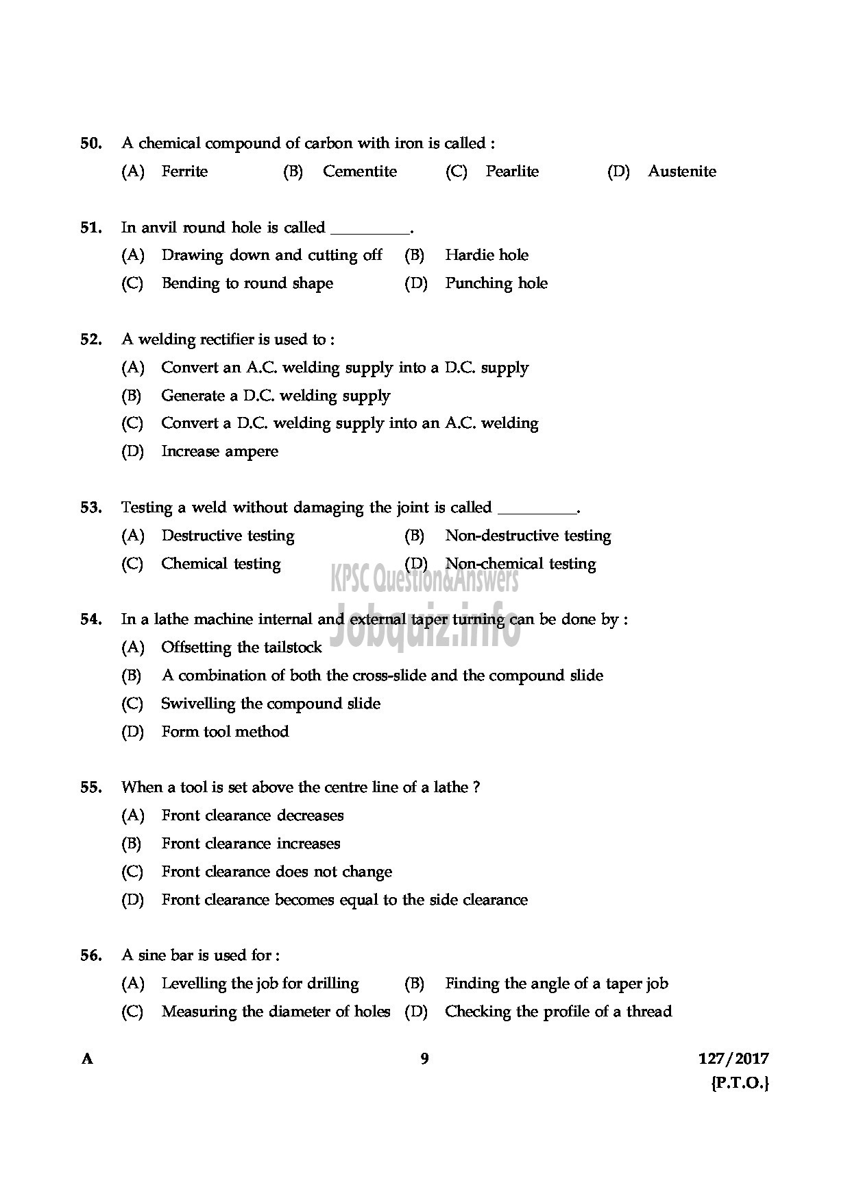 Kerala PSC Question Paper - DRAFTMAN GR II MECHANICAL PORT DPT-9