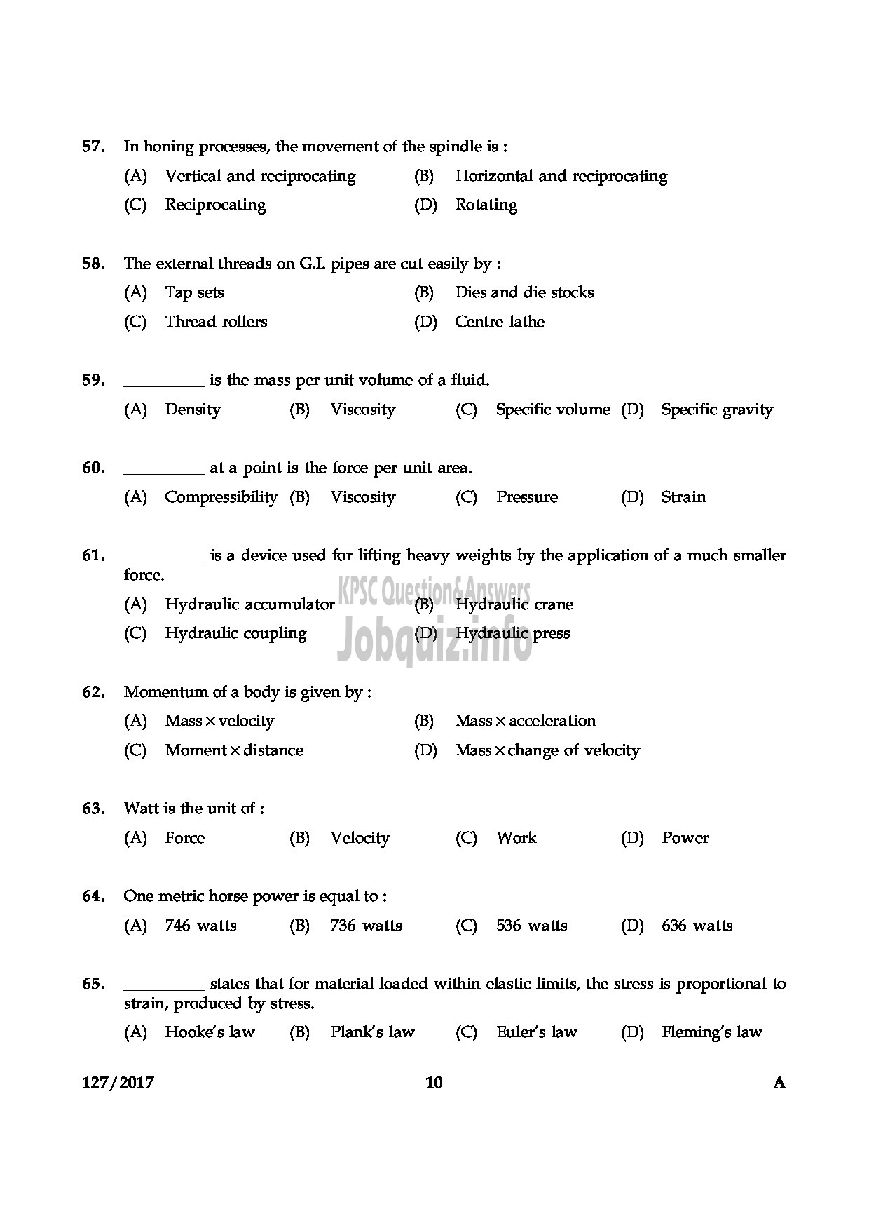 Kerala PSC Question Paper - DRAFTMAN GR II MECHANICAL PORT DPT-10