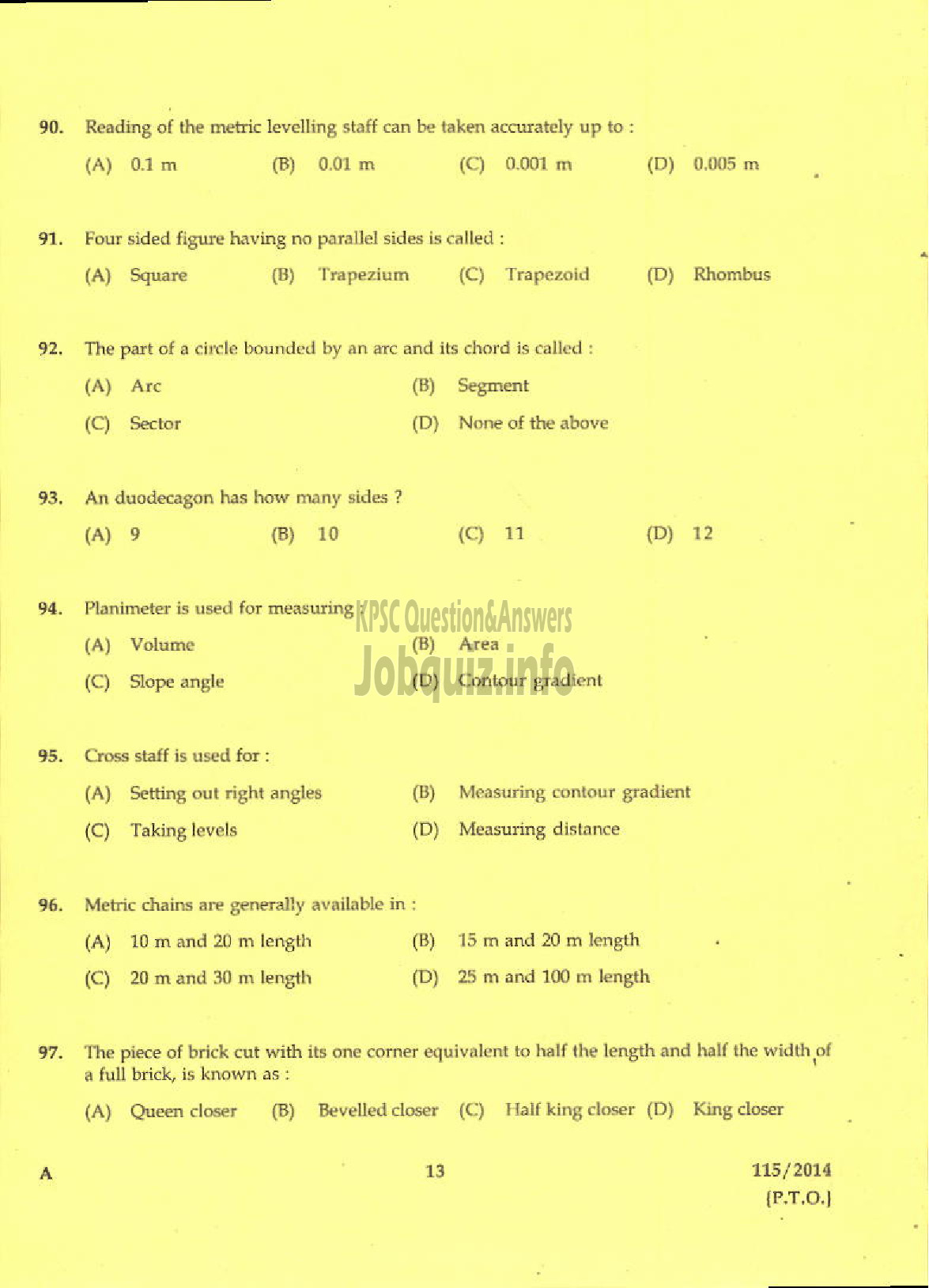 Kerala PSC Question Paper - DRAFTSMAN CUM SURVEYOR MINING AND GEOLOGY-11