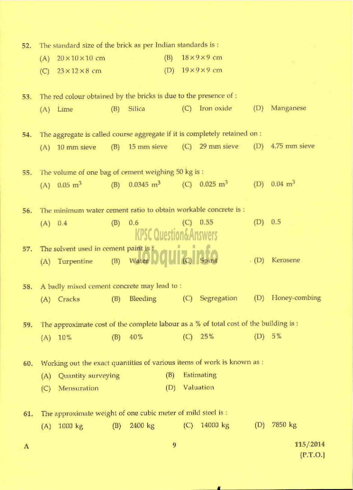Kerala PSC Question Paper - DRAFTSMAN CUM SURVEYOR MINING AND GEOLOGY-7