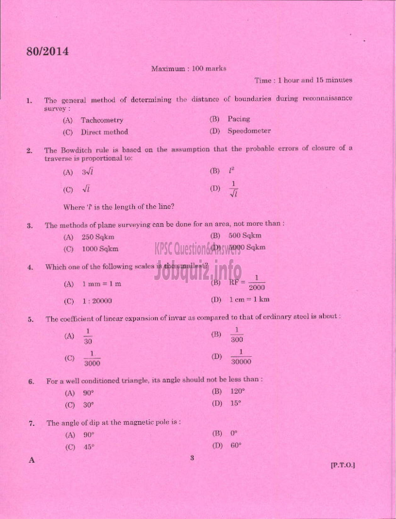 Kerala PSC Question Paper - DRAFTSMAN GRADE I KERALA PORT DEPARTMENT HYDROGRAPHIC SURVEY WING-1