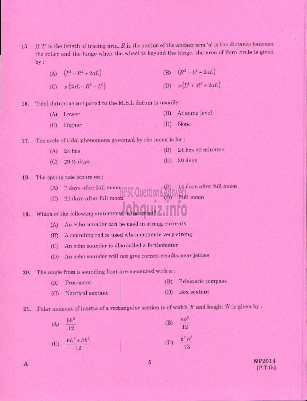 Kerala PSC Question Paper - DRAFTSMAN GRADE I KERALA PORT DEPARTMENT HYDROGRAPHIC SURVEY WING-3