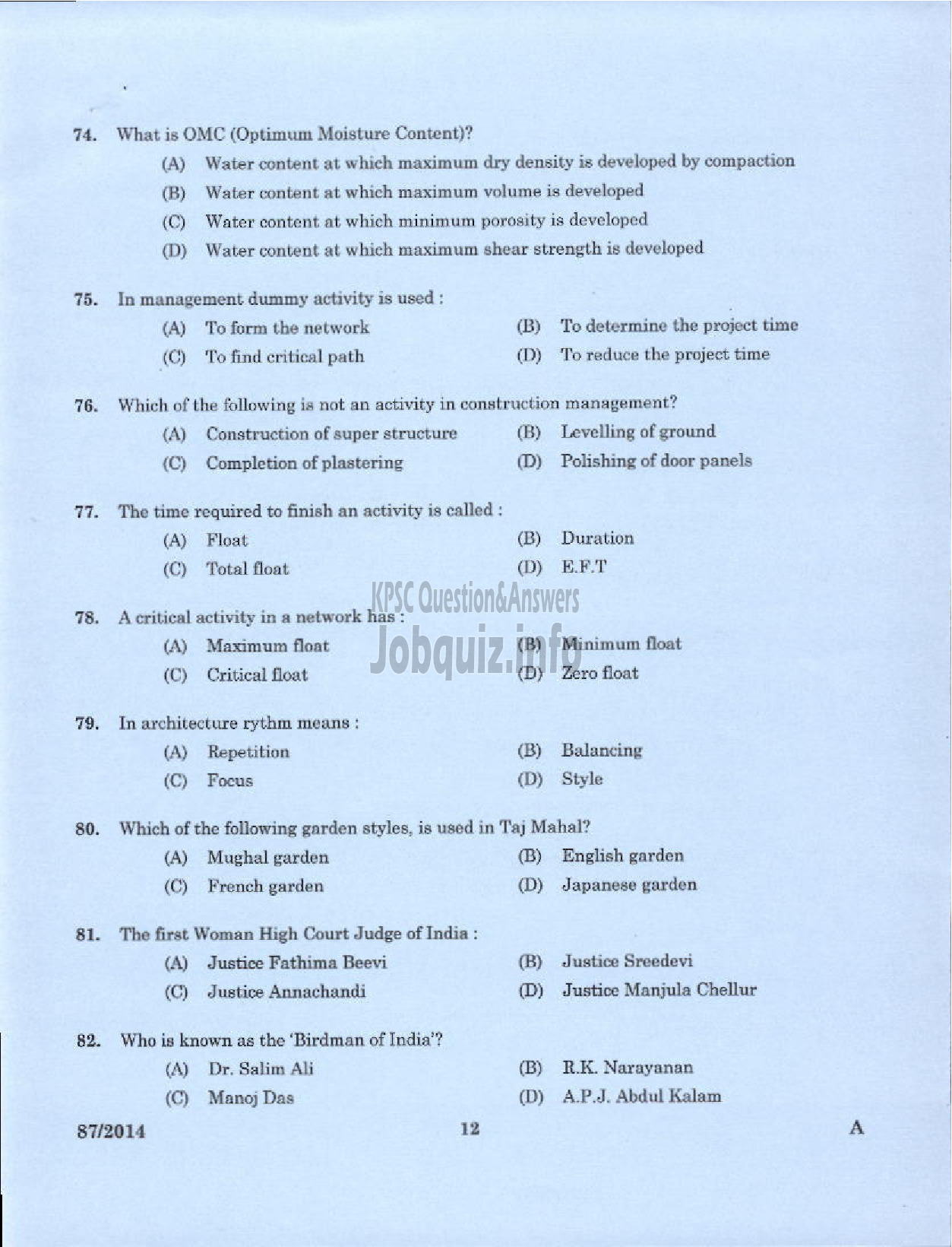 Kerala PSC Question Paper - DRAFTSMAN GRADE I KERALA STATE HOUSING BOARD-8