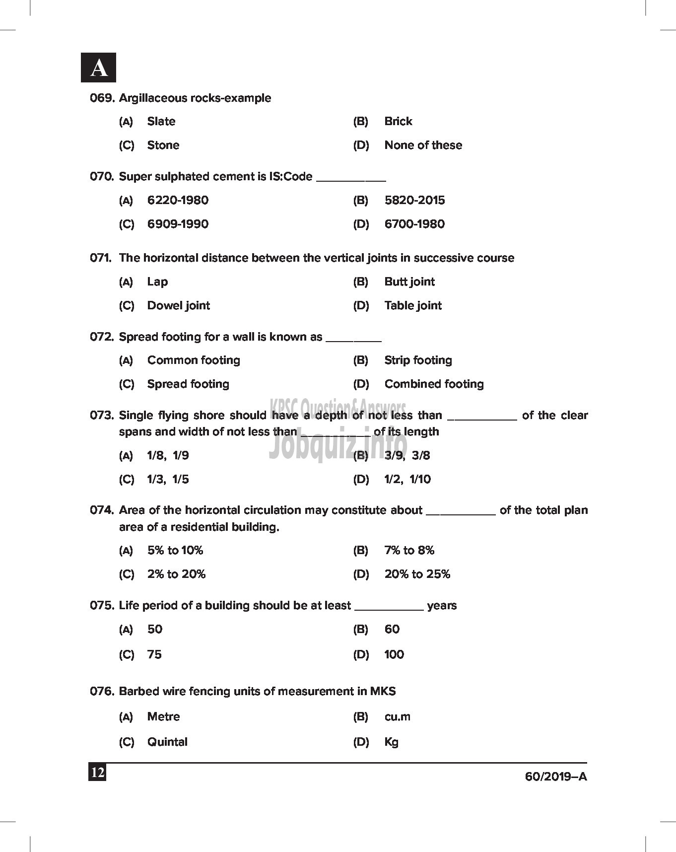 Kerala PSC Question Paper - DRAFTSMAN GR III CIVIL English -12