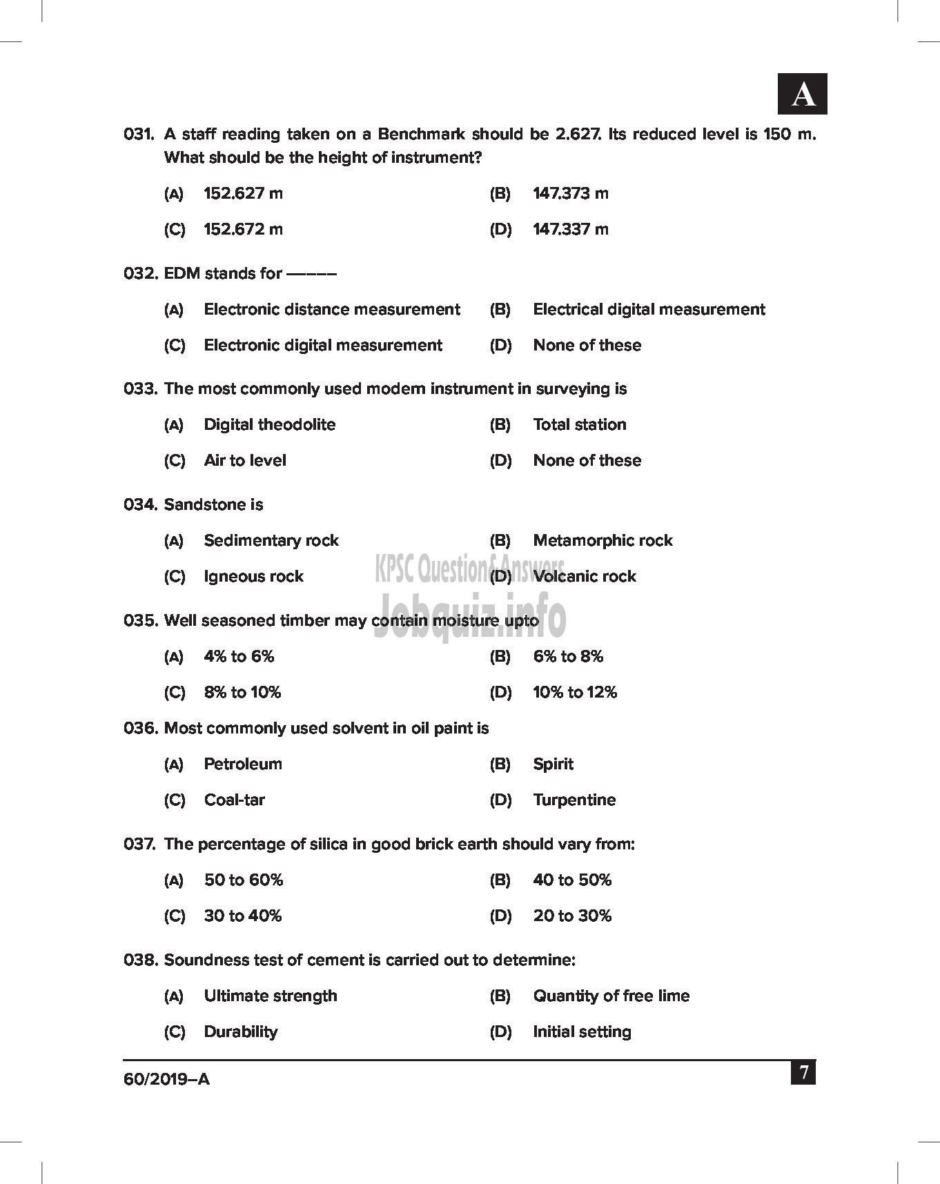 Kerala PSC Question Paper - DRAFTSMAN GR III CIVIL English -7