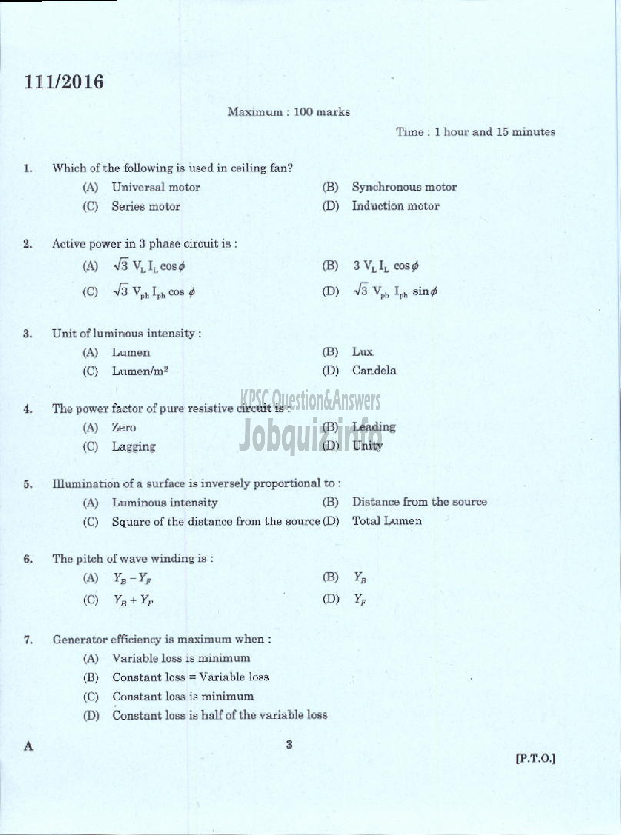 Kerala PSC Question Paper - DRAFTSMAN GR II /SECOND GRADE OVERSEER ELECTRICAL PWD/IRRIGATION-1