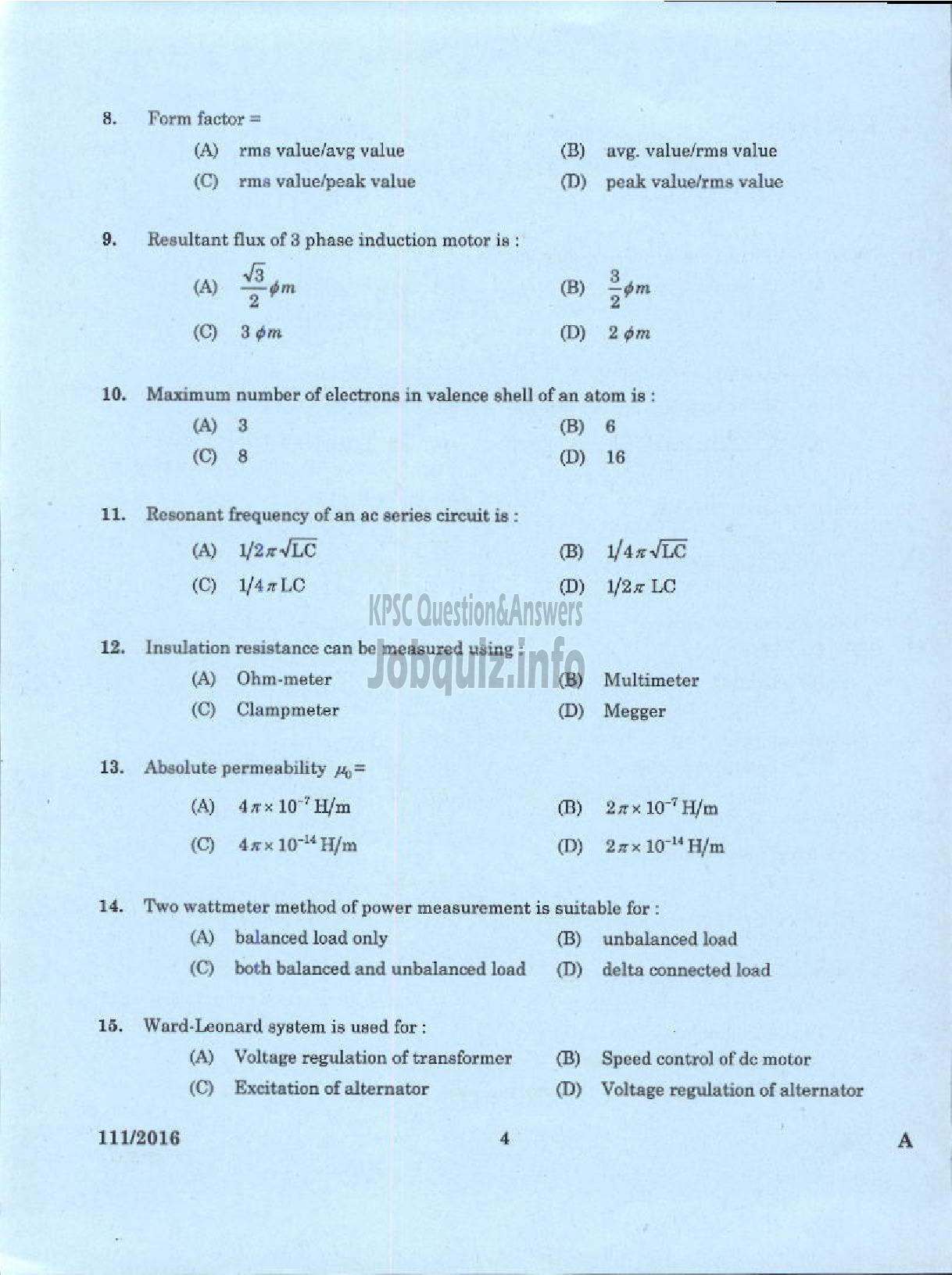 Kerala PSC Question Paper - DRAFTSMAN GR II /SECOND GRADE OVERSEER ELECTRICAL PWD/IRRIGATION-2