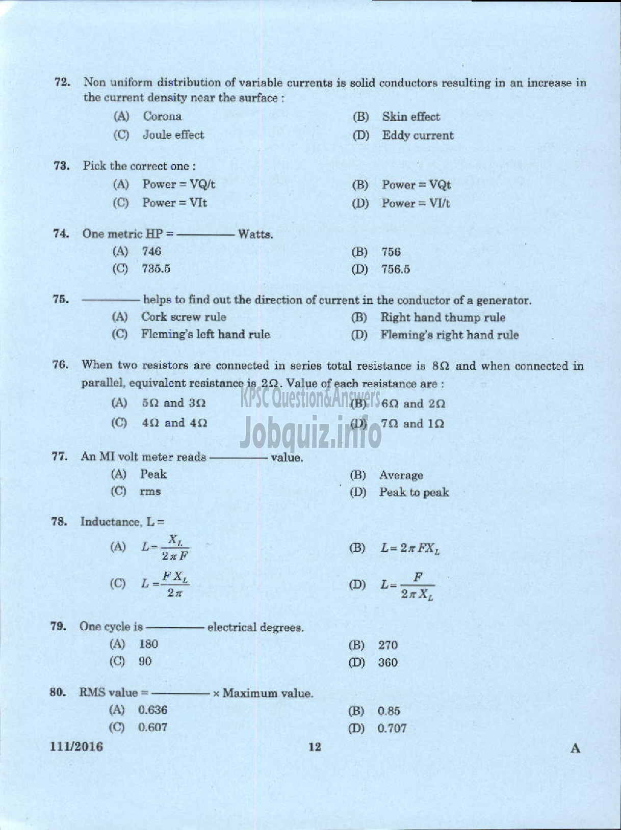 Kerala PSC Question Paper - DRAFTSMAN GR II /SECOND GRADE OVERSEER ELECTRICAL PWD/IRRIGATION-10