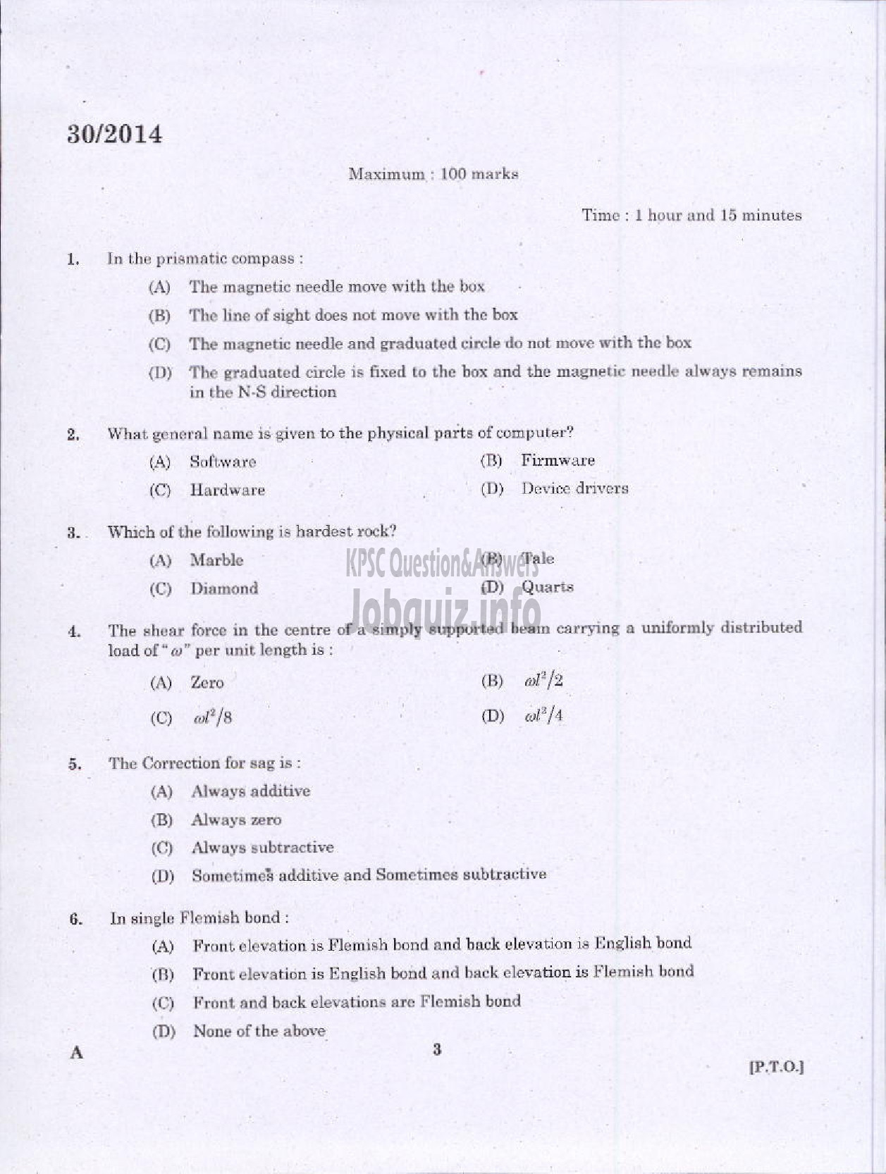 Kerala PSC Question Paper - DRAFTSMAN GR II/TOWN PLG SURVEYOR GR II-1