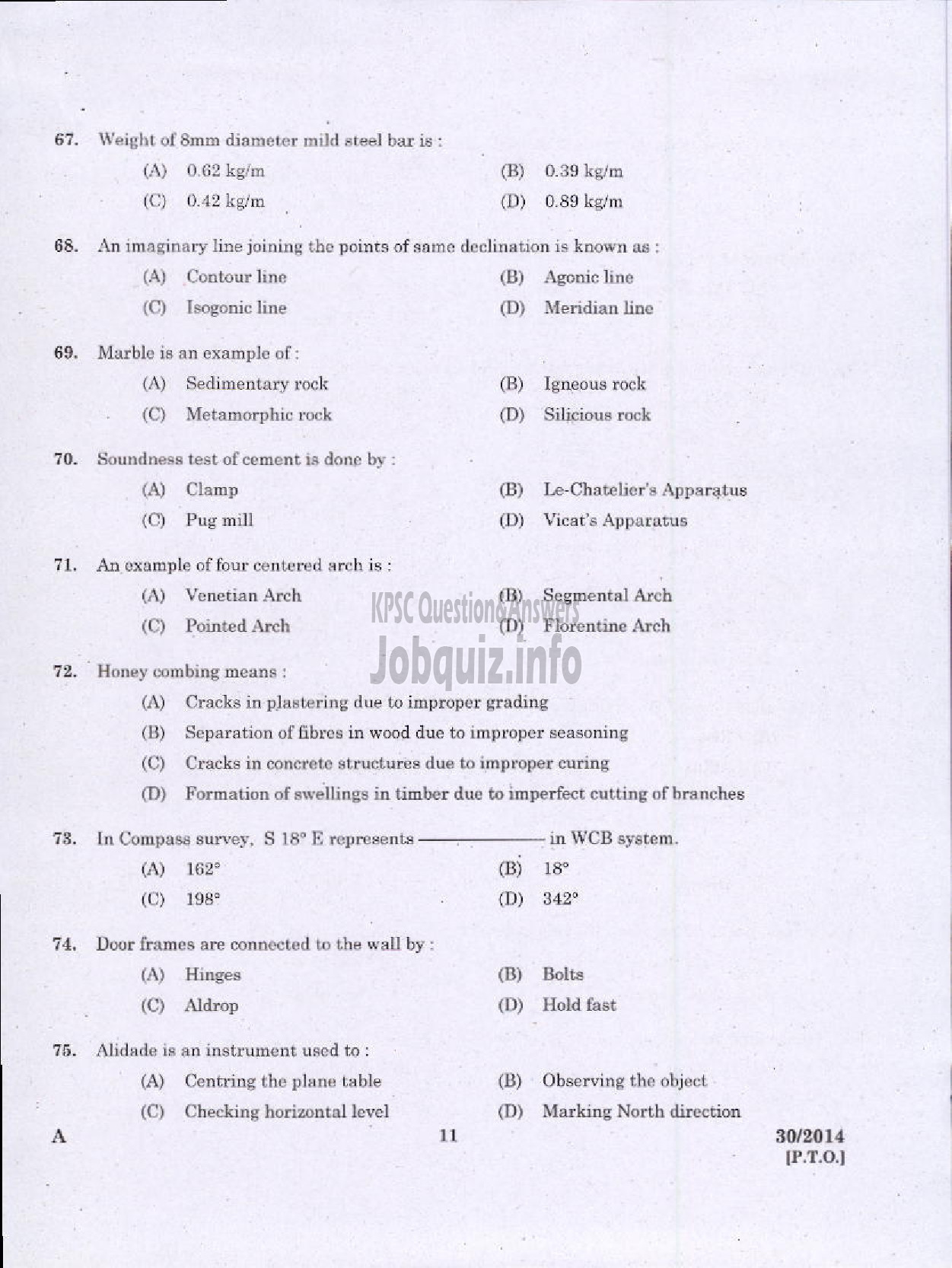 Kerala PSC Question Paper - DRAFTSMAN GR II/TOWN PLG SURVEYOR GR II-9