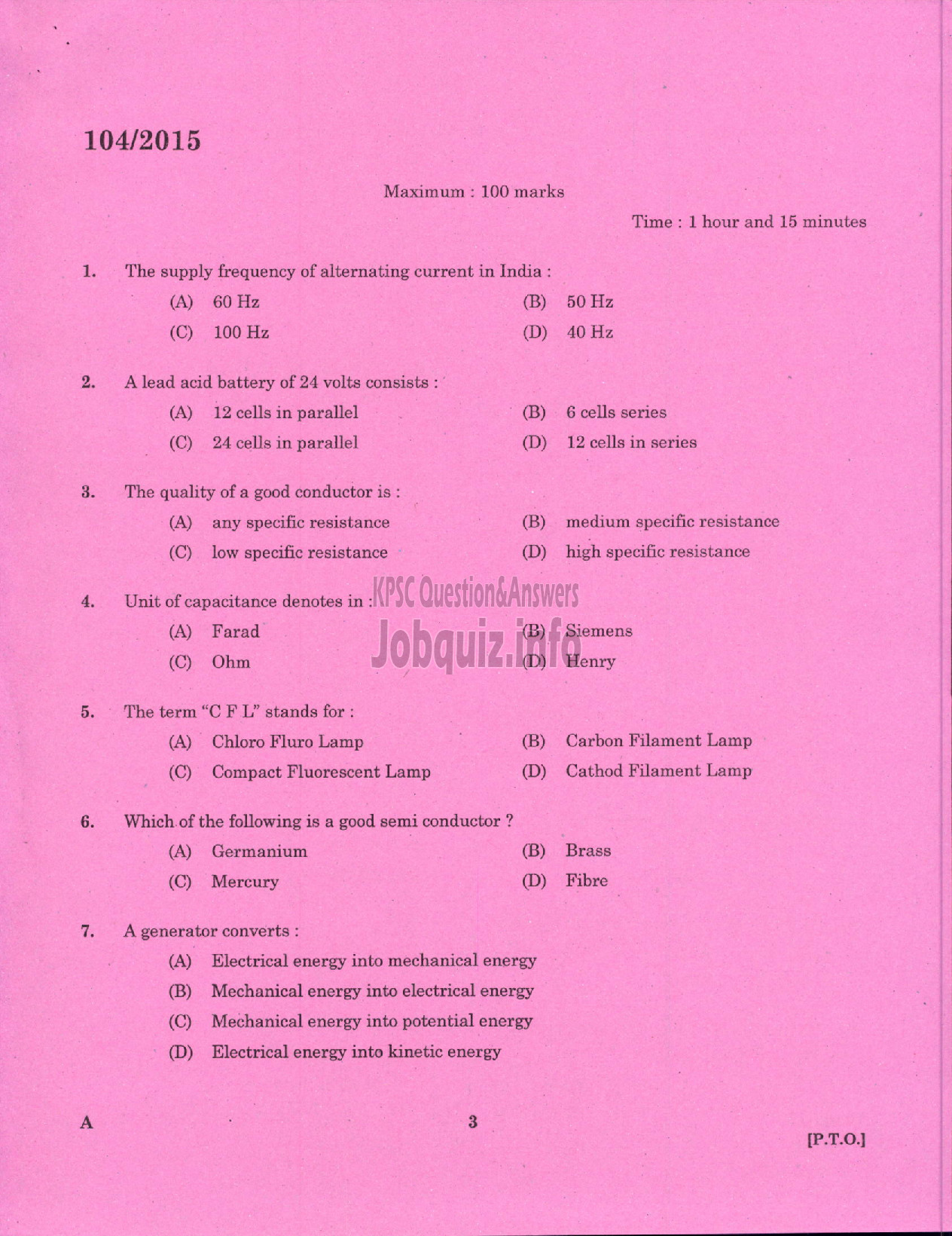 Kerala PSC Question Paper - DRAFTSMAN POLICE TELECOMMUNICAION UNIT-1