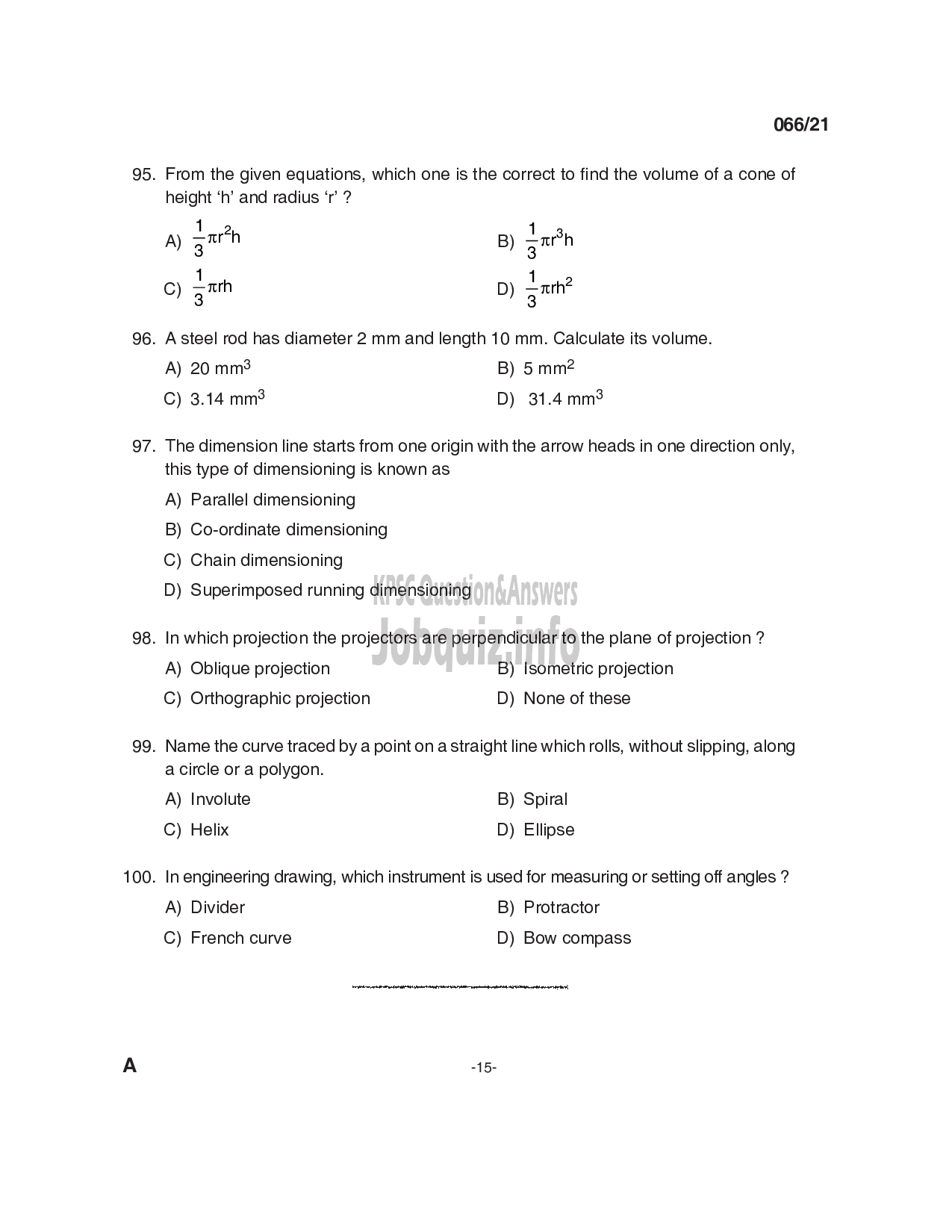 Kerala PSC Question Paper - DRAUGHTSMAN GRADE II (MECHANICAL) in KEAEC Ltd and OVERSEER/ DRAFTSMAN (MECHANICAL) GRADE II in PWD/ Irrigation-15