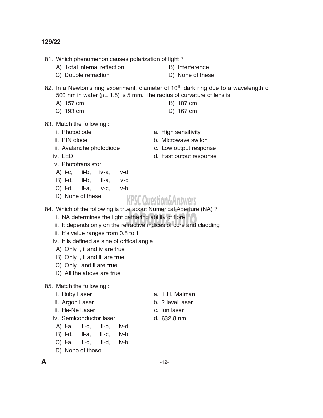 Kerala PSC Question Paper - Demonstrator in Electronics and  Instrumentation & Demonstrator in Instrument Technology-12