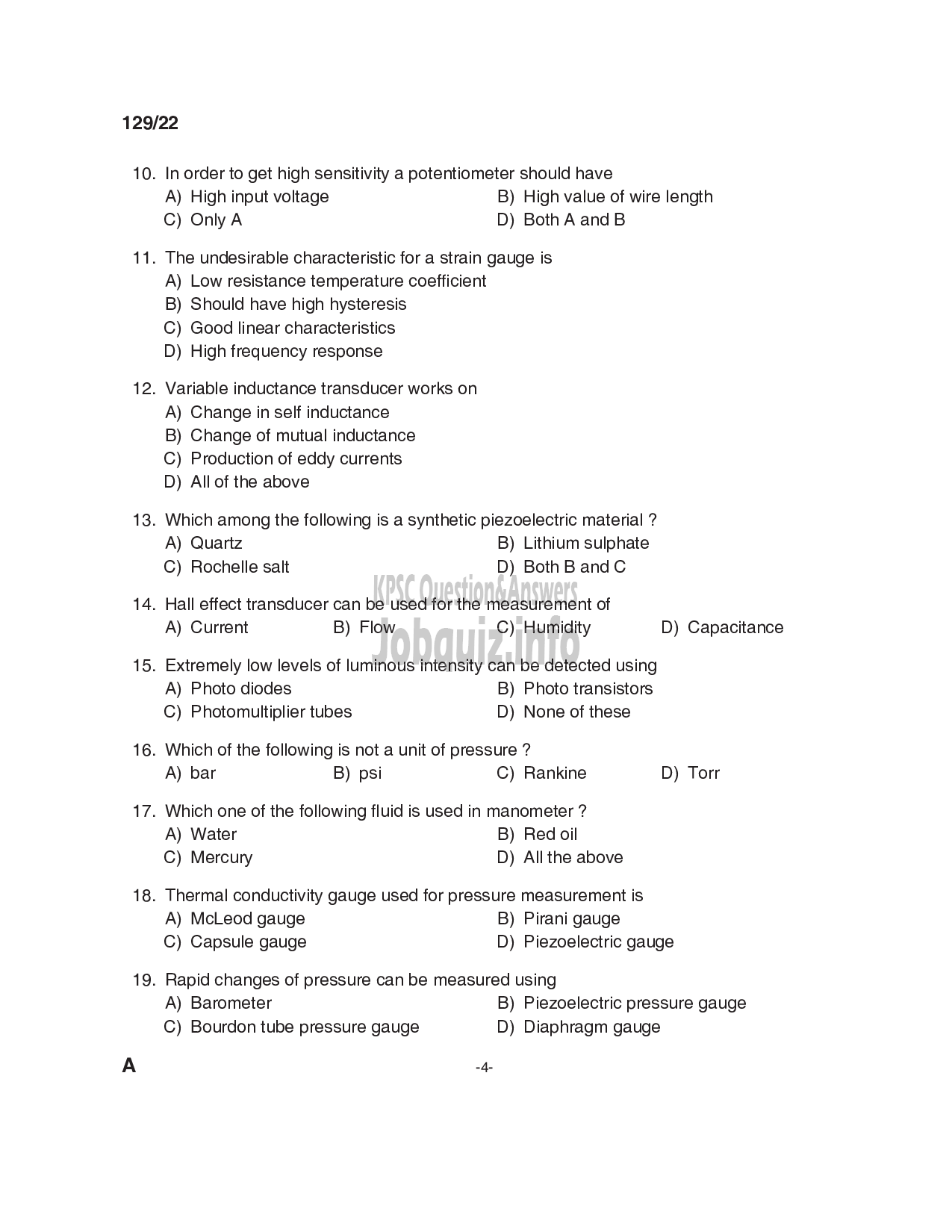 Kerala PSC Question Paper - Demonstrator in Electronics and  Instrumentation & Demonstrator in Instrument Technology-4