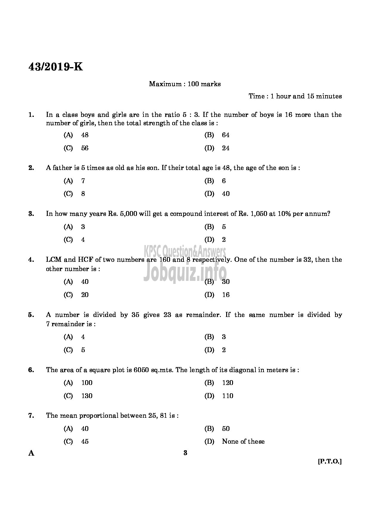 Kerala PSC Question Paper - Deputy Collector (SR For SC/ST) Land Revenue Department English/Kannada -1