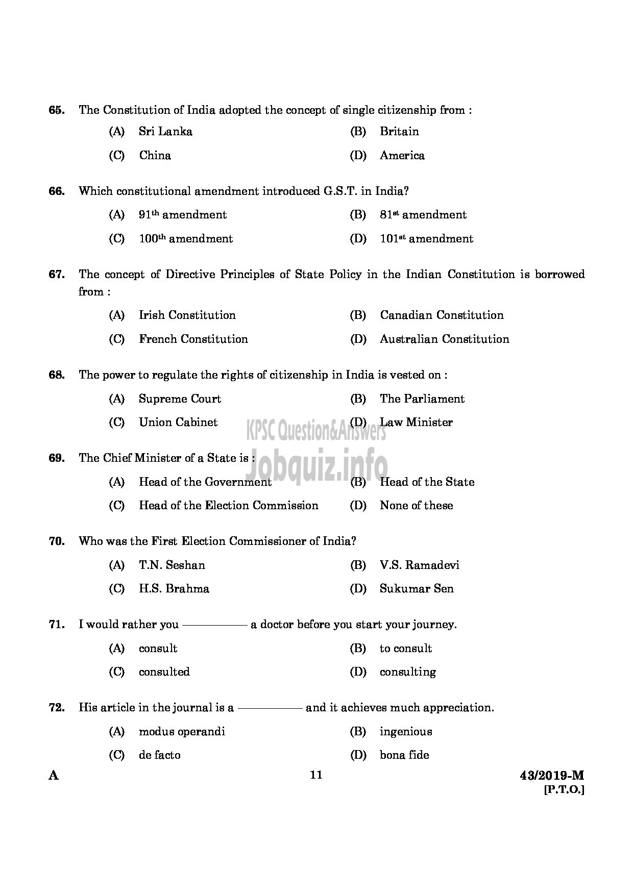 Kerala PSC Question Paper - Deputy Collector (SR For SC/ST) Land Revenue Department English / Malayalam -9