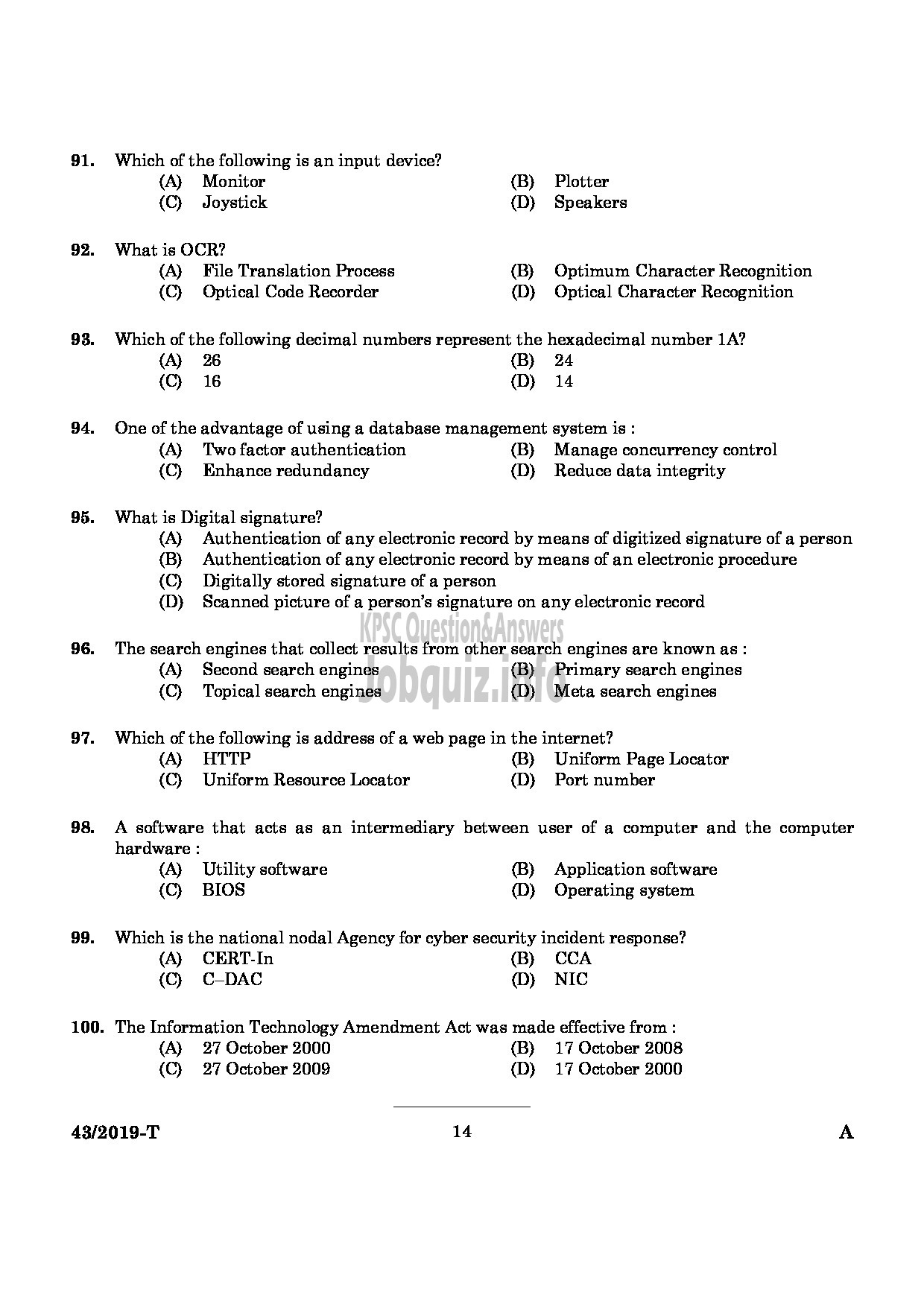 Kerala PSC Question Paper - Deputy Collector (SR For SC/ST) Land Revenue Department English/Tamil -12