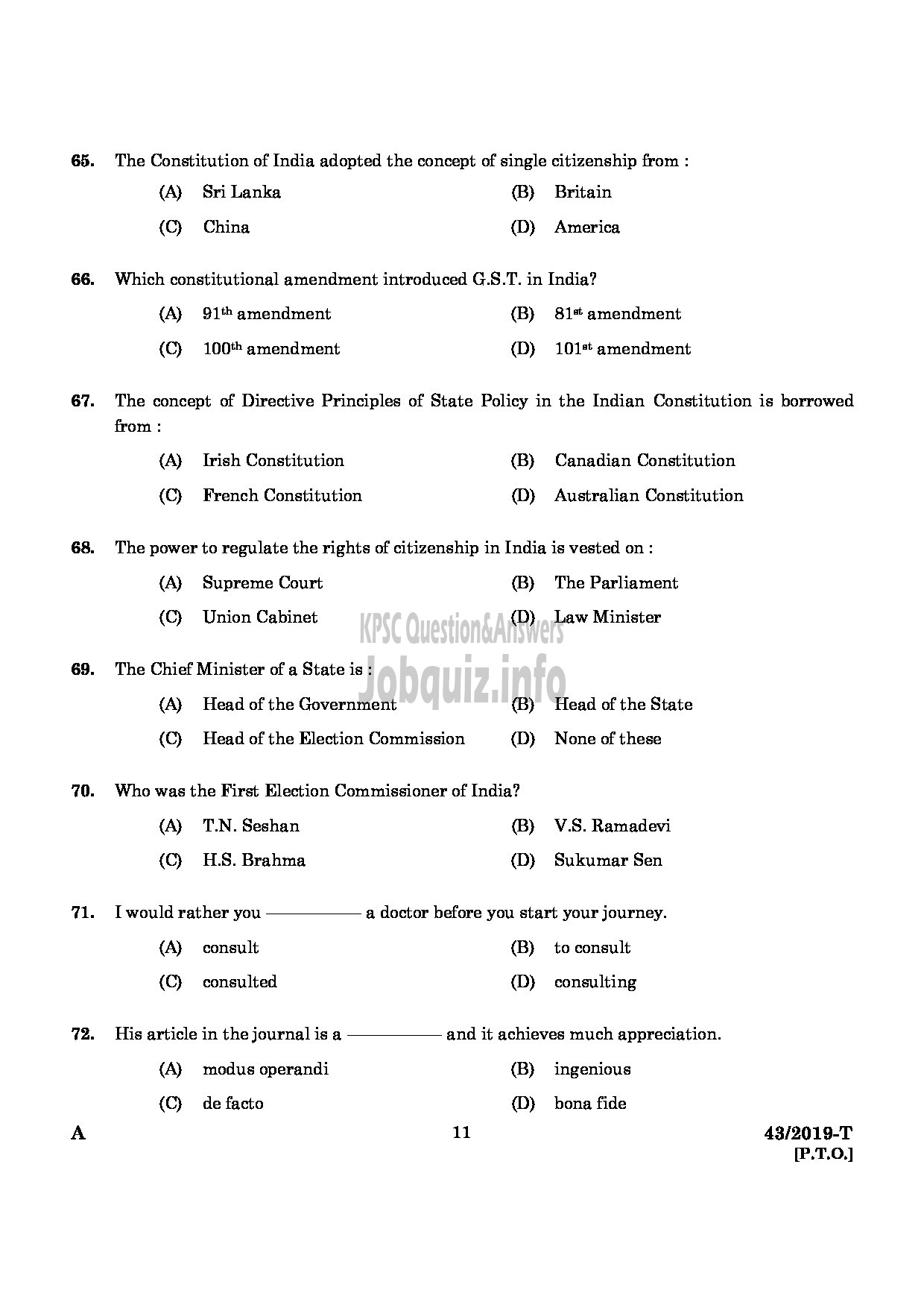 Kerala PSC Question Paper - Deputy Collector (SR For SC/ST) Land Revenue Department English/Tamil -9