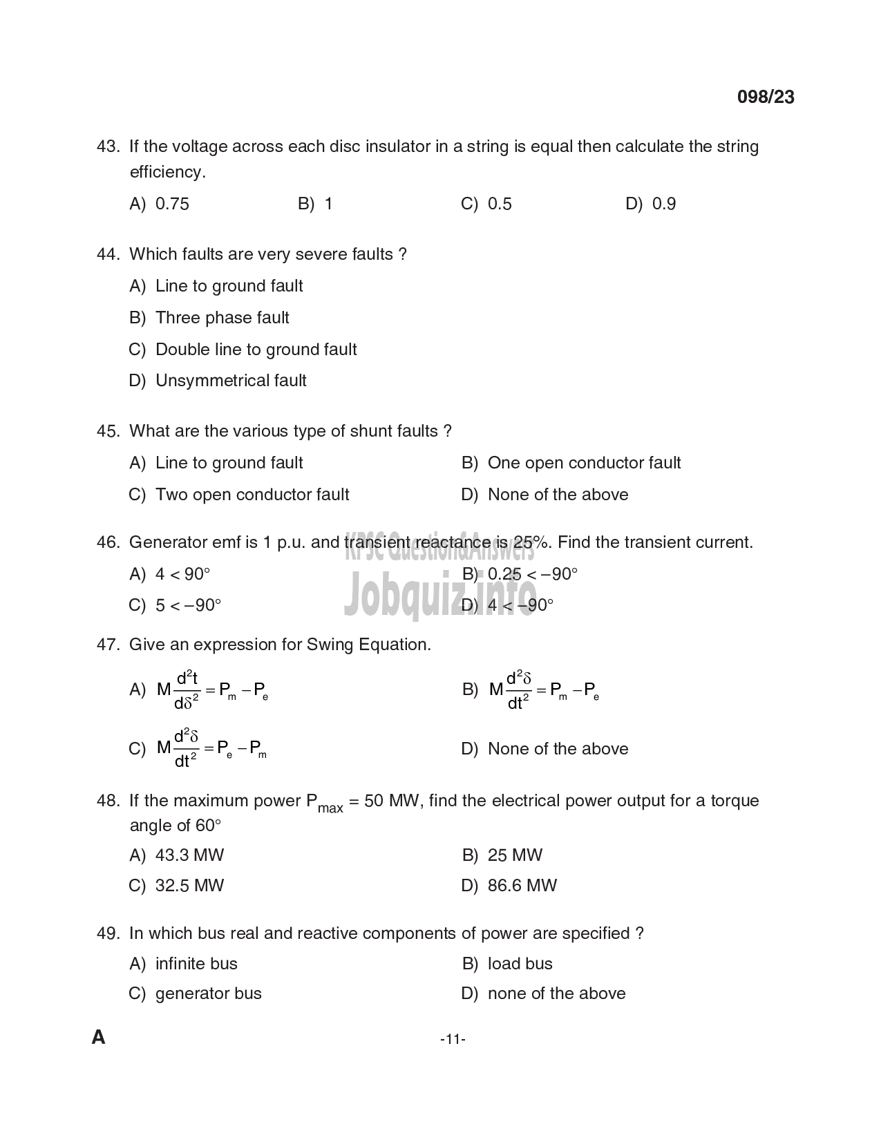 Kerala PSC Question Paper - Deputy Engineer (Electrical), Assistant Engineer (Electrical) - Kerala Co-operative Milk Marketing Federation Ltd, KSEB-11