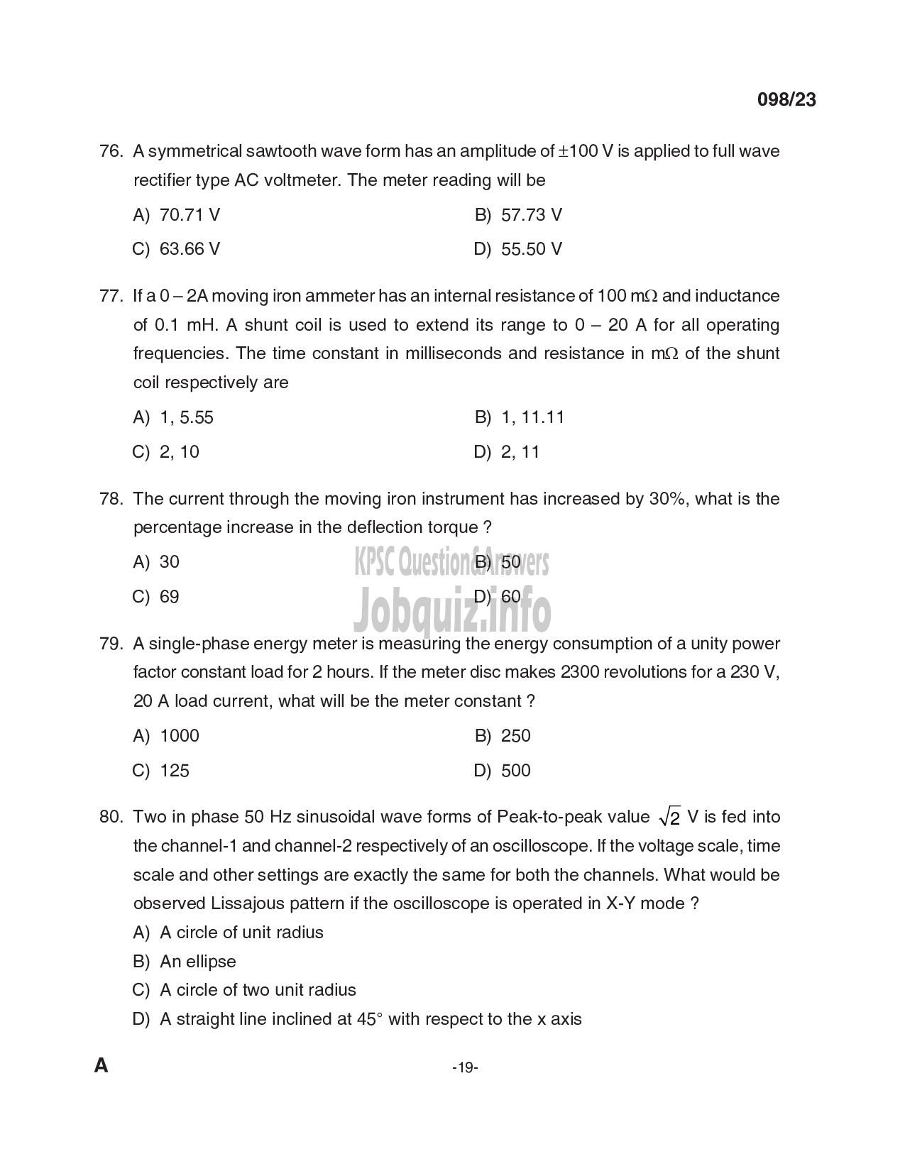 Kerala PSC Question Paper - Deputy Engineer (Electrical), Assistant Engineer (Electrical) - Kerala Co-operative Milk Marketing Federation Ltd, KSEB-19
