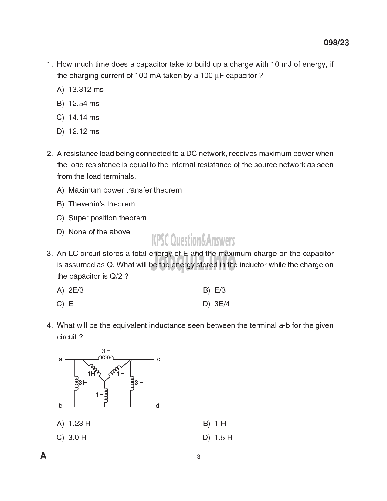 Kerala PSC Question Paper - Deputy Engineer (Electrical), Assistant Engineer (Electrical) - Kerala Co-operative Milk Marketing Federation Ltd, KSEB-3