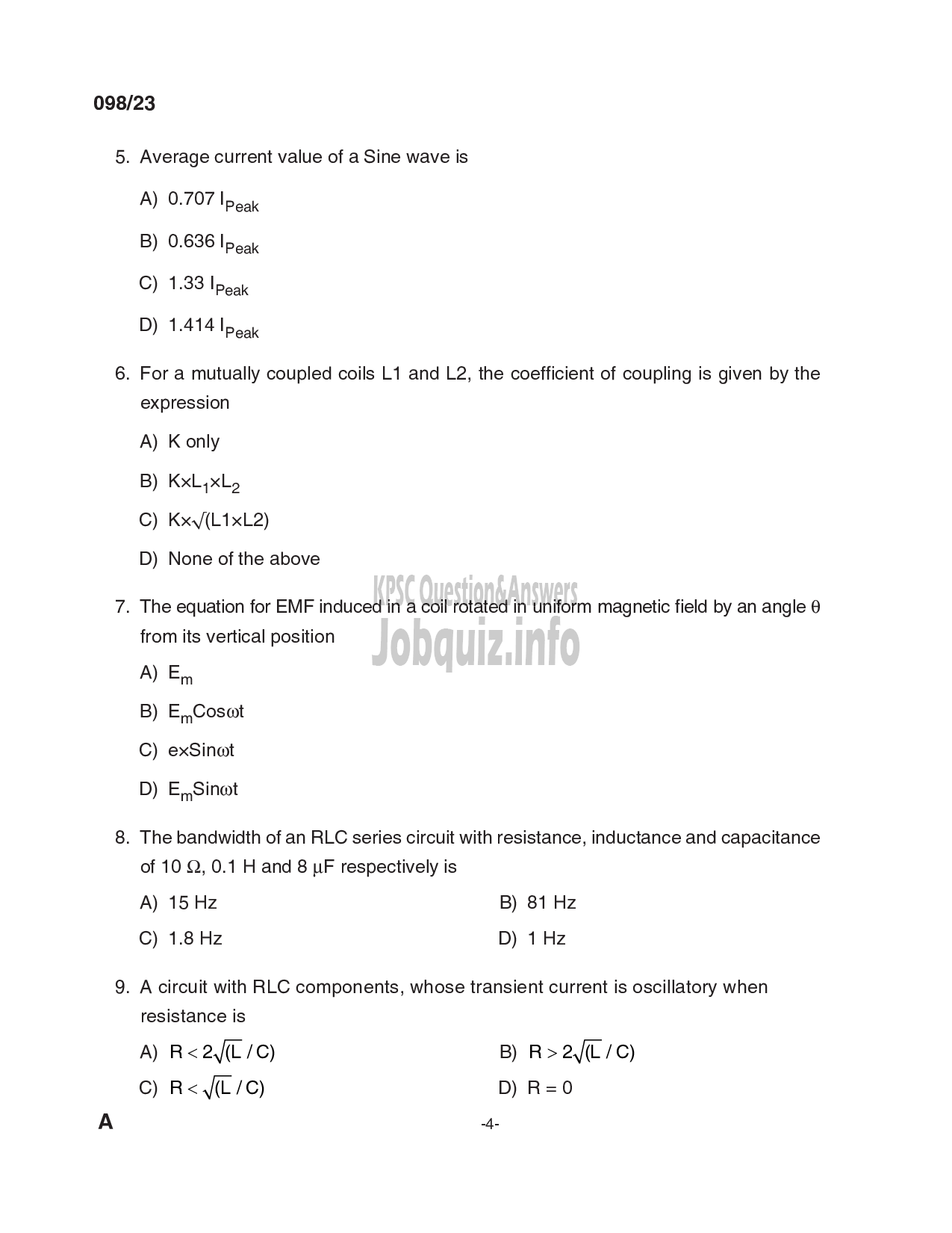 Kerala PSC Question Paper - Deputy Engineer (Electrical), Assistant Engineer (Electrical) - Kerala Co-operative Milk Marketing Federation Ltd, KSEB-4