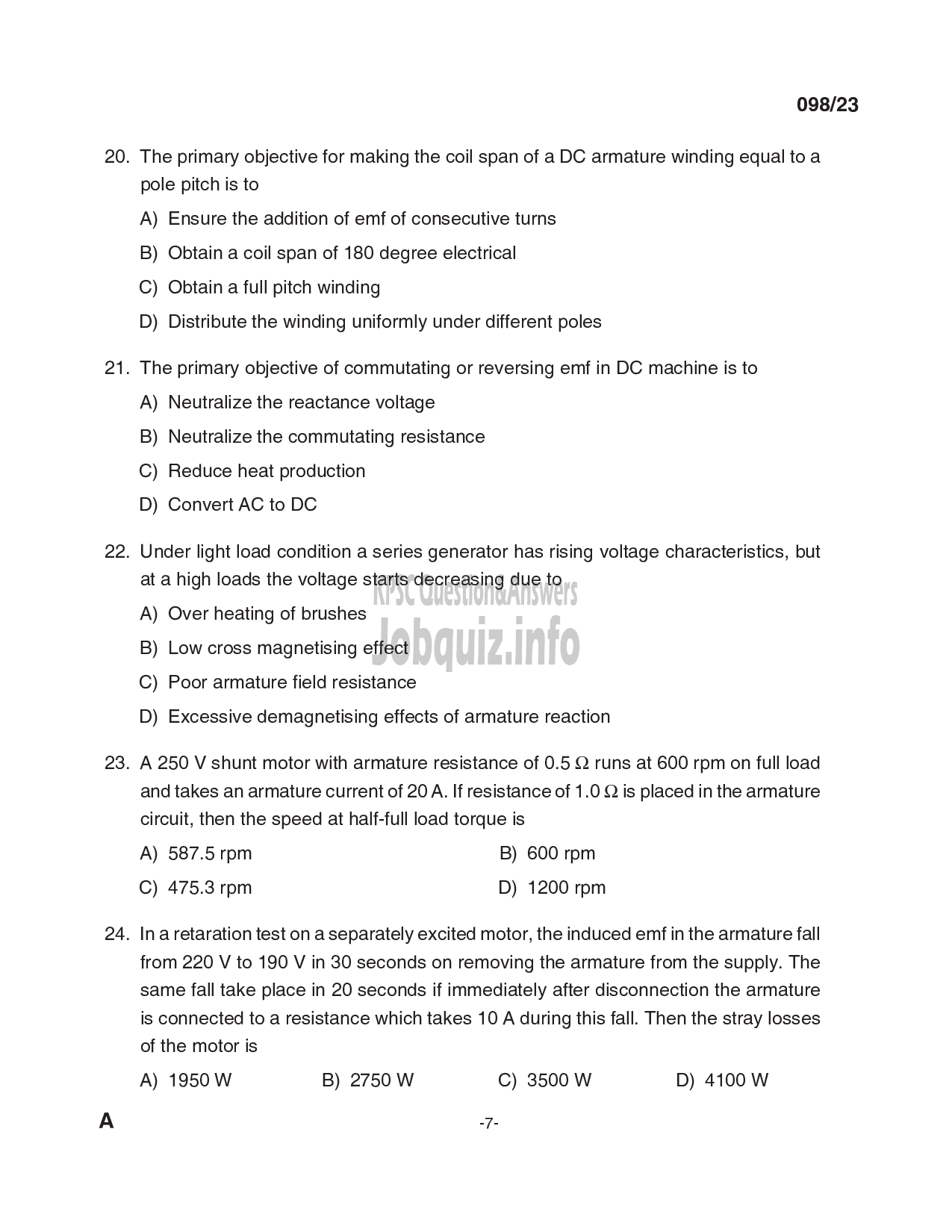 Kerala PSC Question Paper - Deputy Engineer (Electrical), Assistant Engineer (Electrical) - Kerala Co-operative Milk Marketing Federation Ltd, KSEB-7