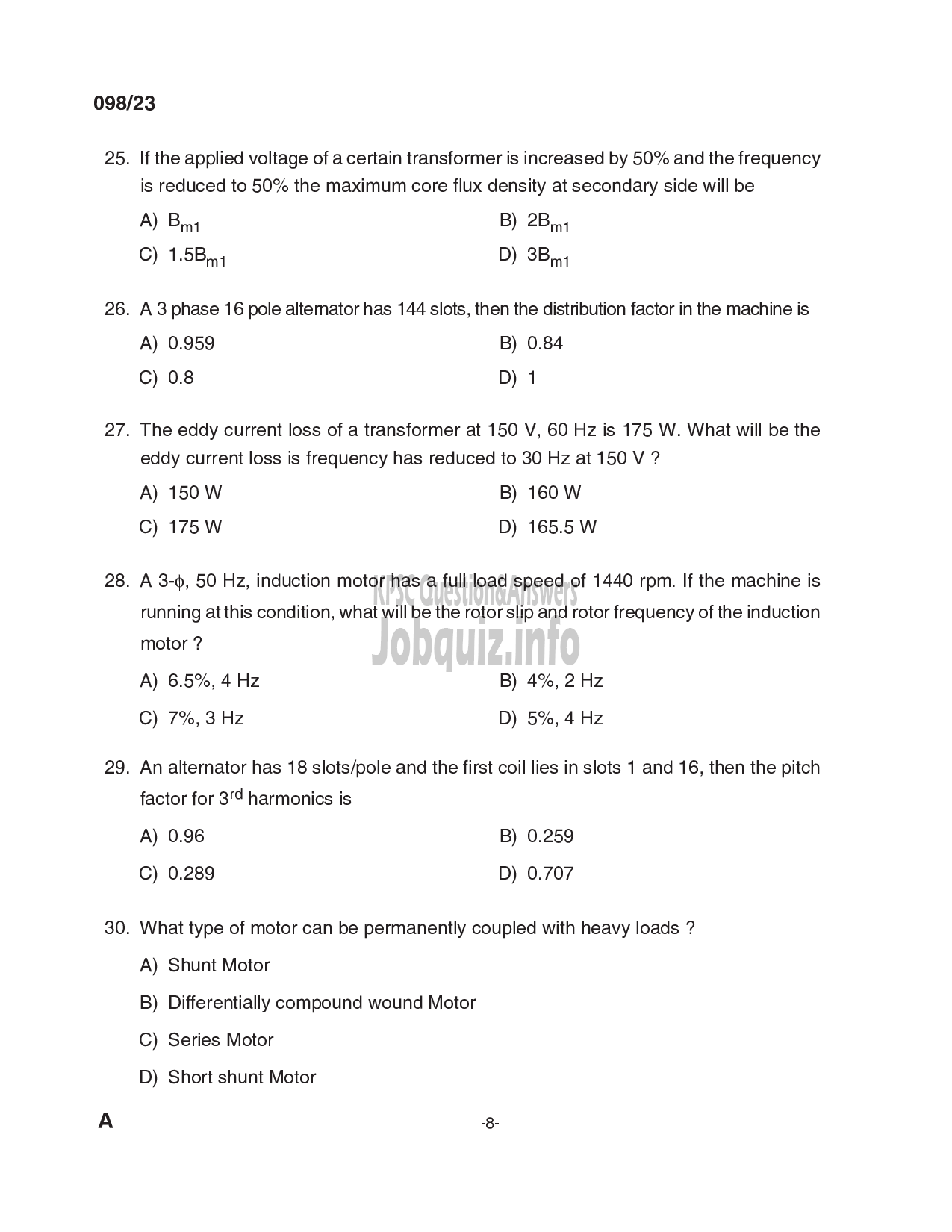 Kerala PSC Question Paper - Deputy Engineer (Electrical), Assistant Engineer (Electrical) - Kerala Co-operative Milk Marketing Federation Ltd, KSEB-8