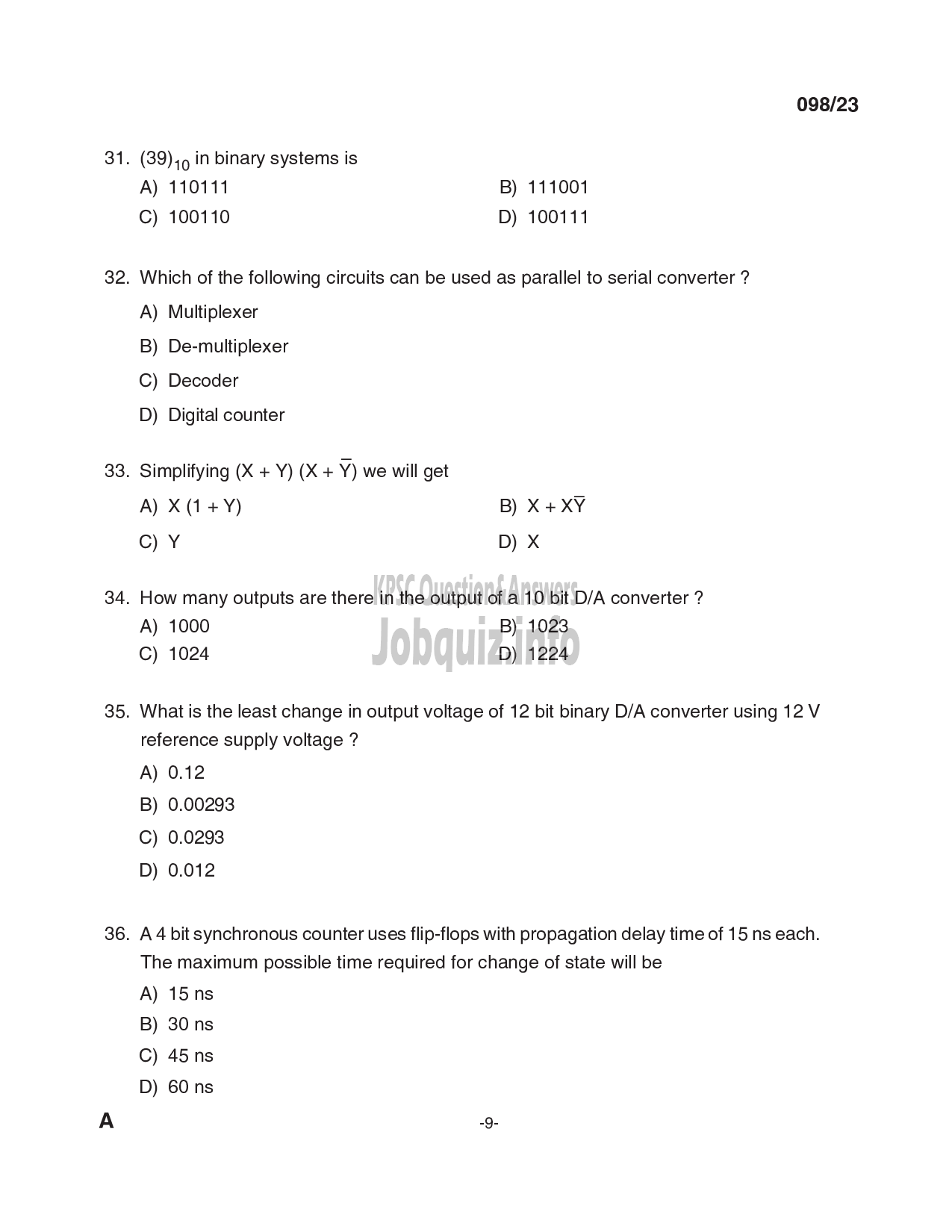 Kerala PSC Question Paper - Deputy Engineer (Electrical), Assistant Engineer (Electrical) - Kerala Co-operative Milk Marketing Federation Ltd, KSEB-9