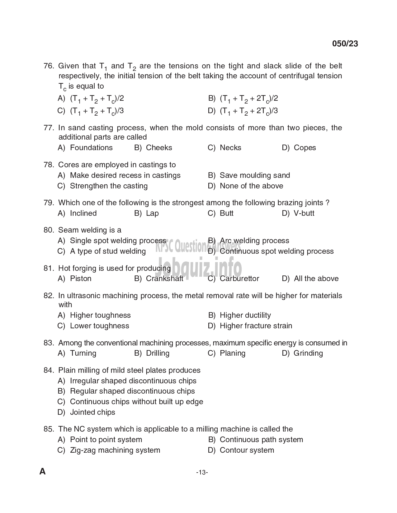 Kerala PSC Question Paper - Deputy Engineer (Mechanical), Inspector of Factories and Boilers Gr II, Assistant Engineer (Mechanical)-13