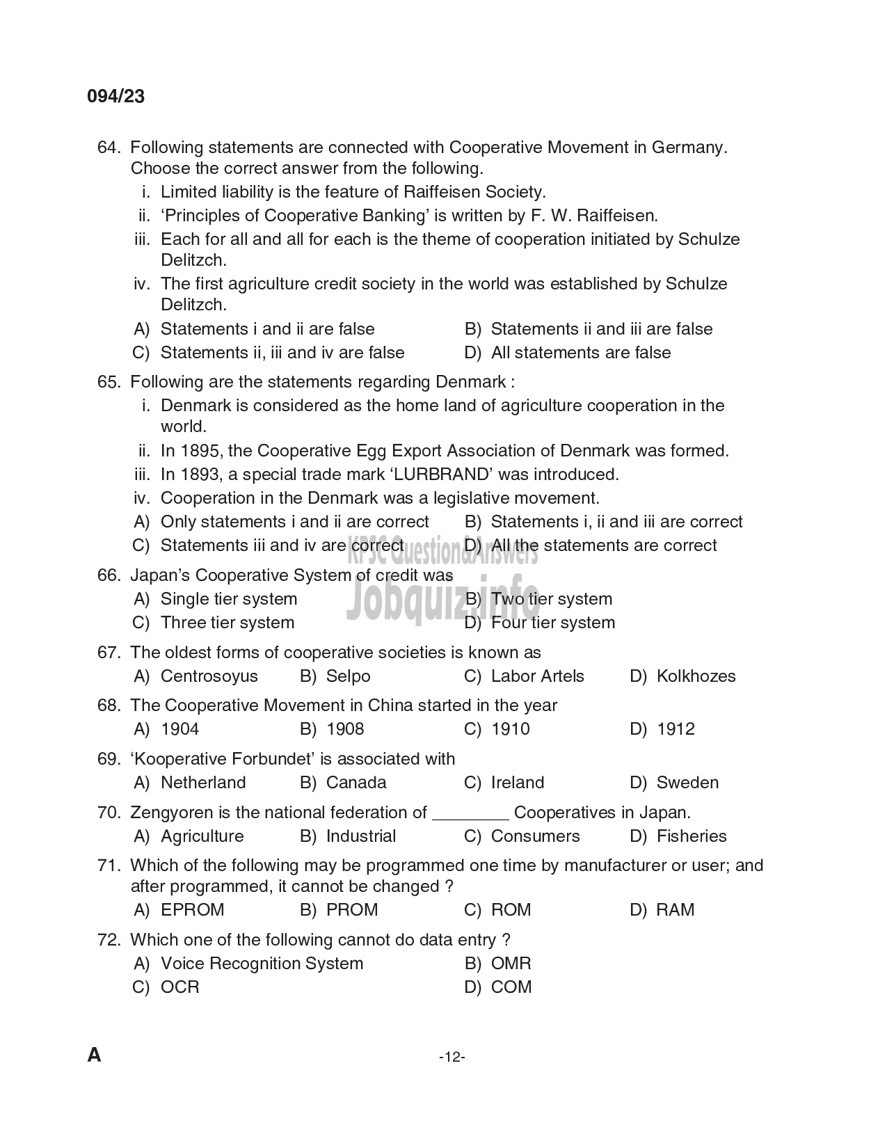 Kerala PSC Question Paper - Deputy Manager - Kerala State Co-operative Agricultural and Rural Development Bank Ltd-12