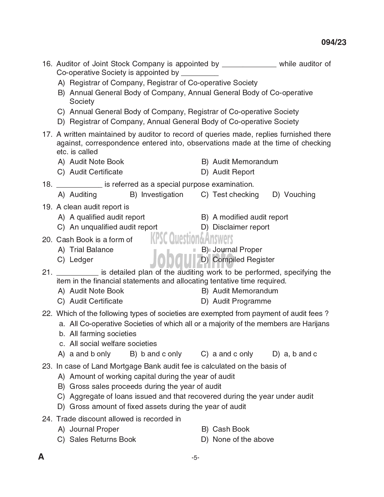 Kerala PSC Question Paper - Deputy Manager - Kerala State Co-operative Agricultural and Rural Development Bank Ltd-5