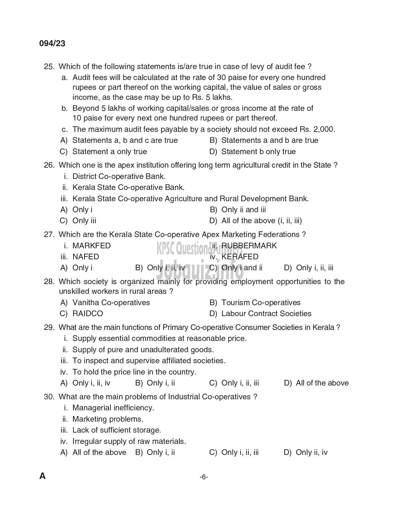 Kerala PSC Question Paper - Deputy Manager - Kerala State Co-operative Agricultural and Rural Development Bank Ltd-6