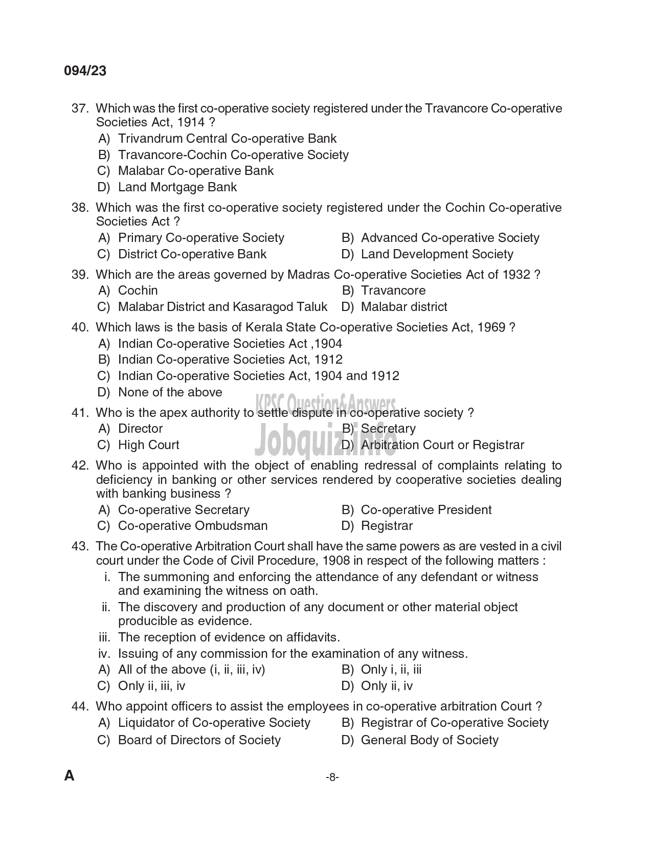 Kerala PSC Question Paper - Deputy Manager - Kerala State Co-operative Agricultural and Rural Development Bank Ltd-8