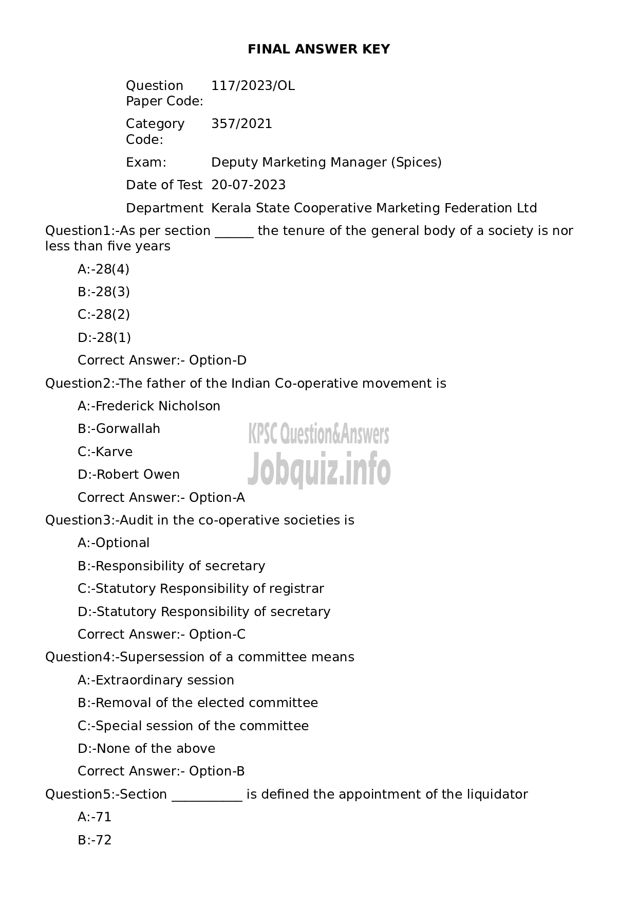 Kerala PSC Question Paper - Deputy Marketing Manager (Spices)-1