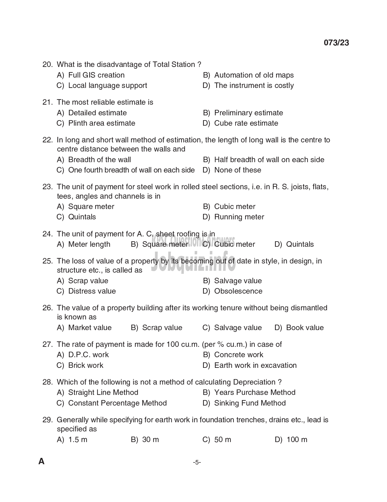 Kerala PSC Question Paper - Draftsman Gr I, Overseer Gr II/ Draftsman Gr II,Engineering Assistant Gr II, Field Assistant etc in Port,Irrigation, PWD etc-5