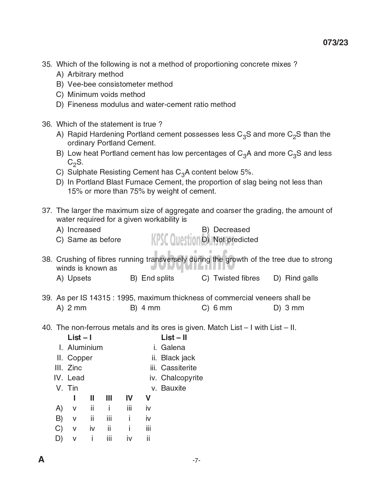 Kerala PSC Question Paper - Draftsman Gr I, Overseer Gr II/ Draftsman Gr II,Engineering Assistant Gr II, Field Assistant etc in Port,Irrigation, PWD etc-7
