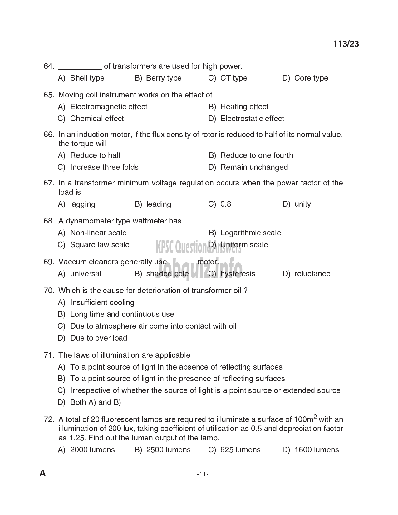 Kerala PSC Question Paper - Draftsman Grade II (Electrical), Skilled Assistant Grade II, Electrician, Lineman in Kerala State Housing Board, PWD (Electrical Wing) etc-11