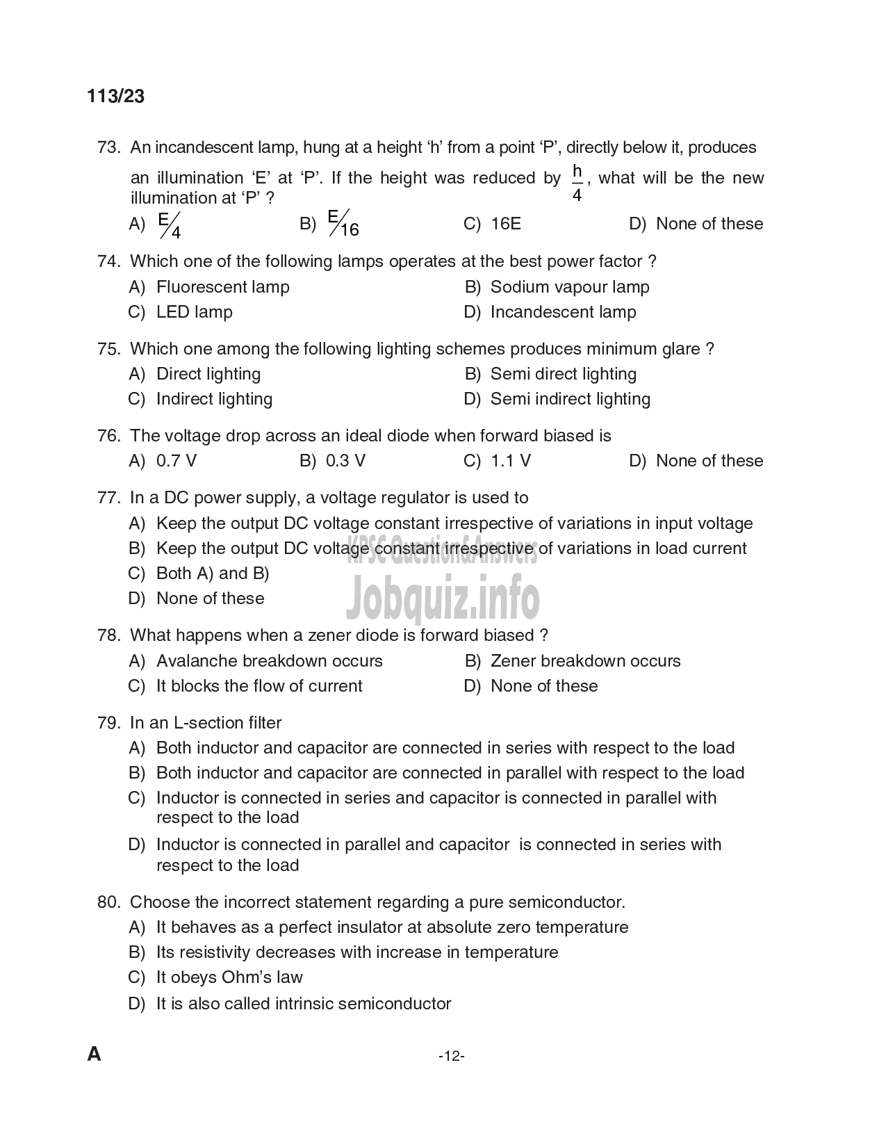 Kerala PSC Question Paper - Draftsman Grade II (Electrical), Skilled Assistant Grade II, Electrician, Lineman in Kerala State Housing Board, PWD (Electrical Wing) etc-12