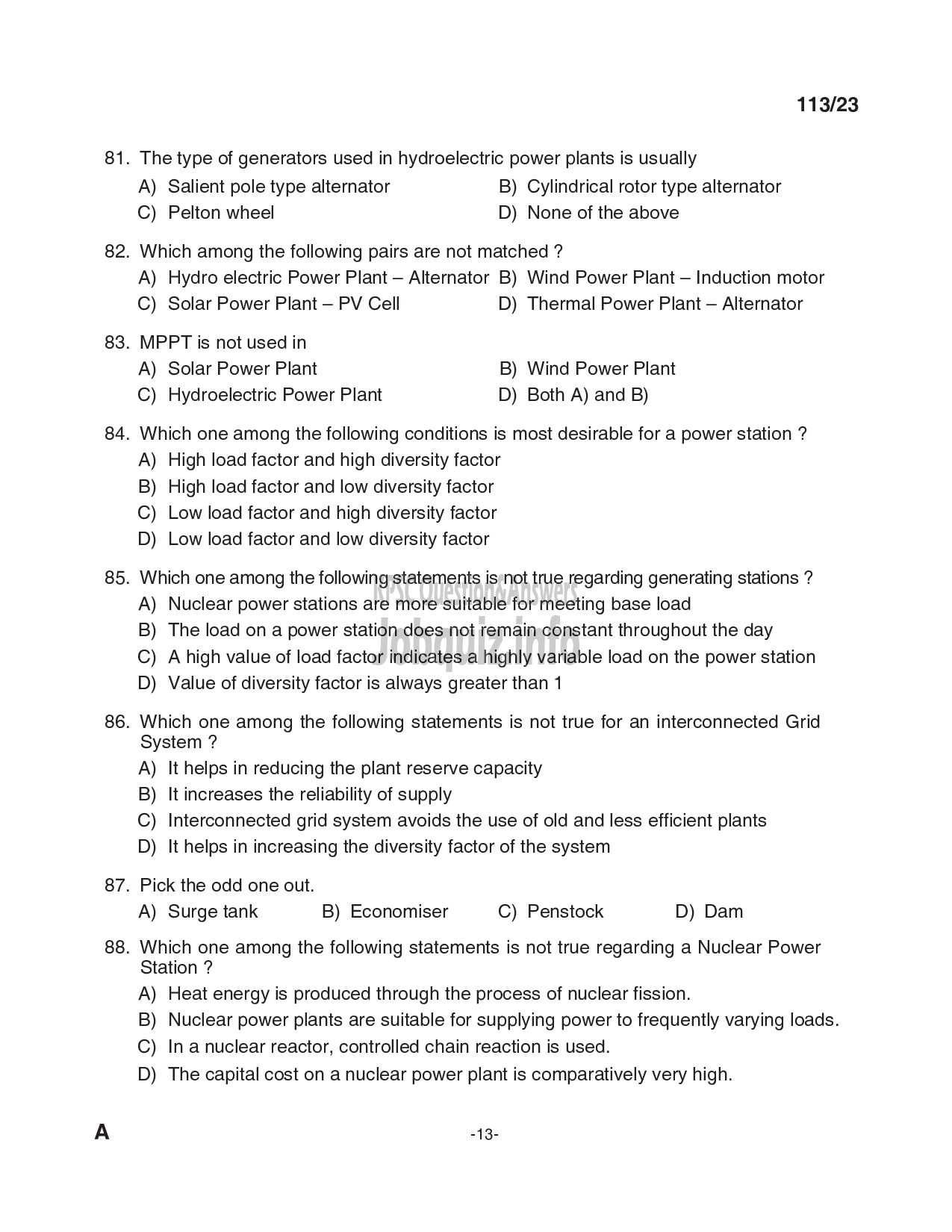 Kerala PSC Question Paper - Draftsman Grade II (Electrical), Skilled Assistant Grade II, Electrician, Lineman in Kerala State Housing Board, PWD (Electrical Wing) etc-13