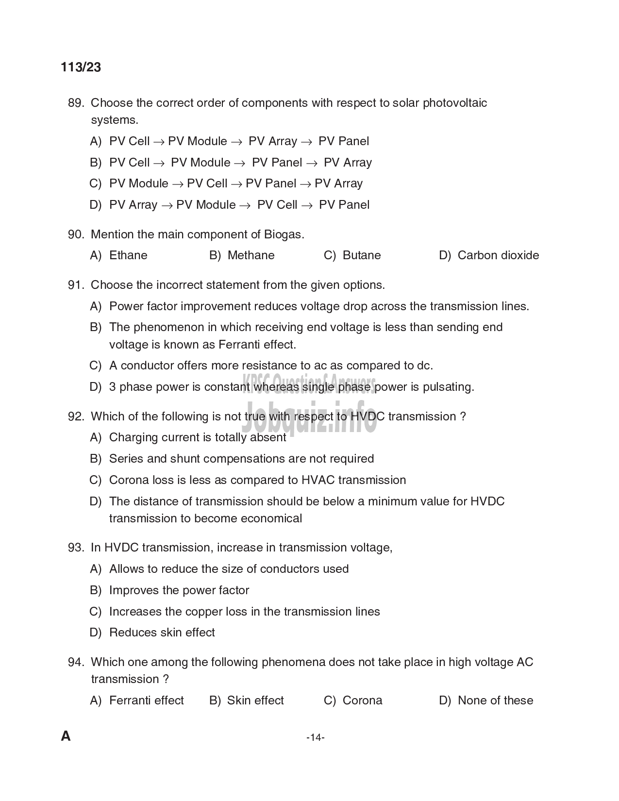 Kerala PSC Question Paper - Draftsman Grade II (Electrical), Skilled Assistant Grade II, Electrician, Lineman in Kerala State Housing Board, PWD (Electrical Wing) etc-14