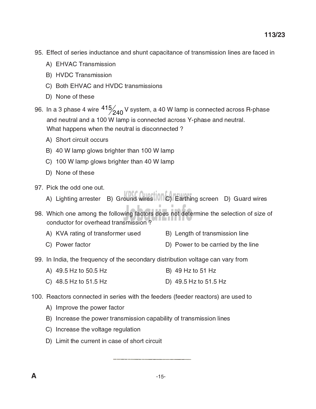Kerala PSC Question Paper - Draftsman Grade II (Electrical), Skilled Assistant Grade II, Electrician, Lineman in Kerala State Housing Board, PWD (Electrical Wing) etc-15