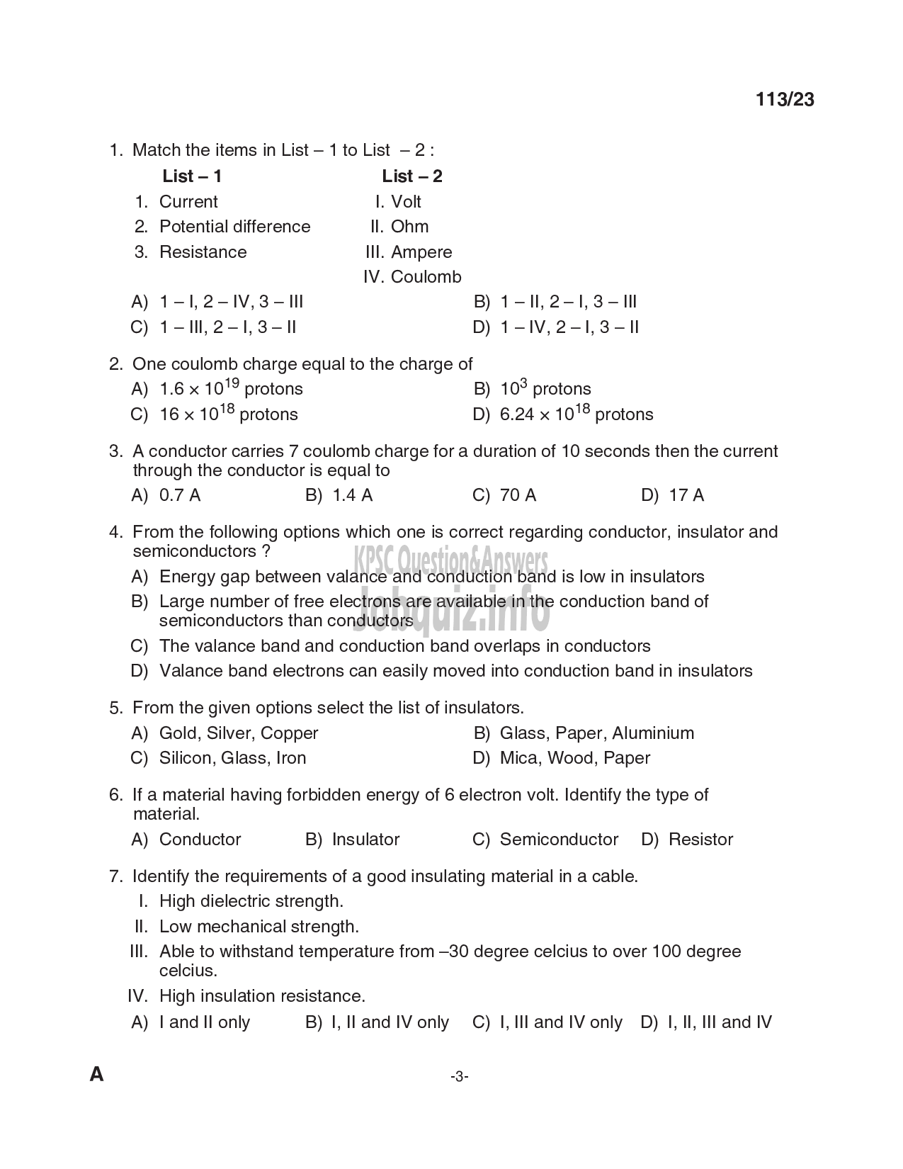 Kerala PSC Question Paper - Draftsman Grade II (Electrical), Skilled Assistant Grade II, Electrician, Lineman in Kerala State Housing Board, PWD (Electrical Wing) etc-3
