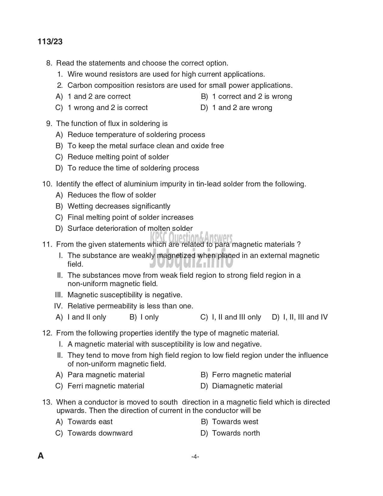 Kerala PSC Question Paper - Draftsman Grade II (Electrical), Skilled Assistant Grade II, Electrician, Lineman in Kerala State Housing Board, PWD (Electrical Wing) etc-4