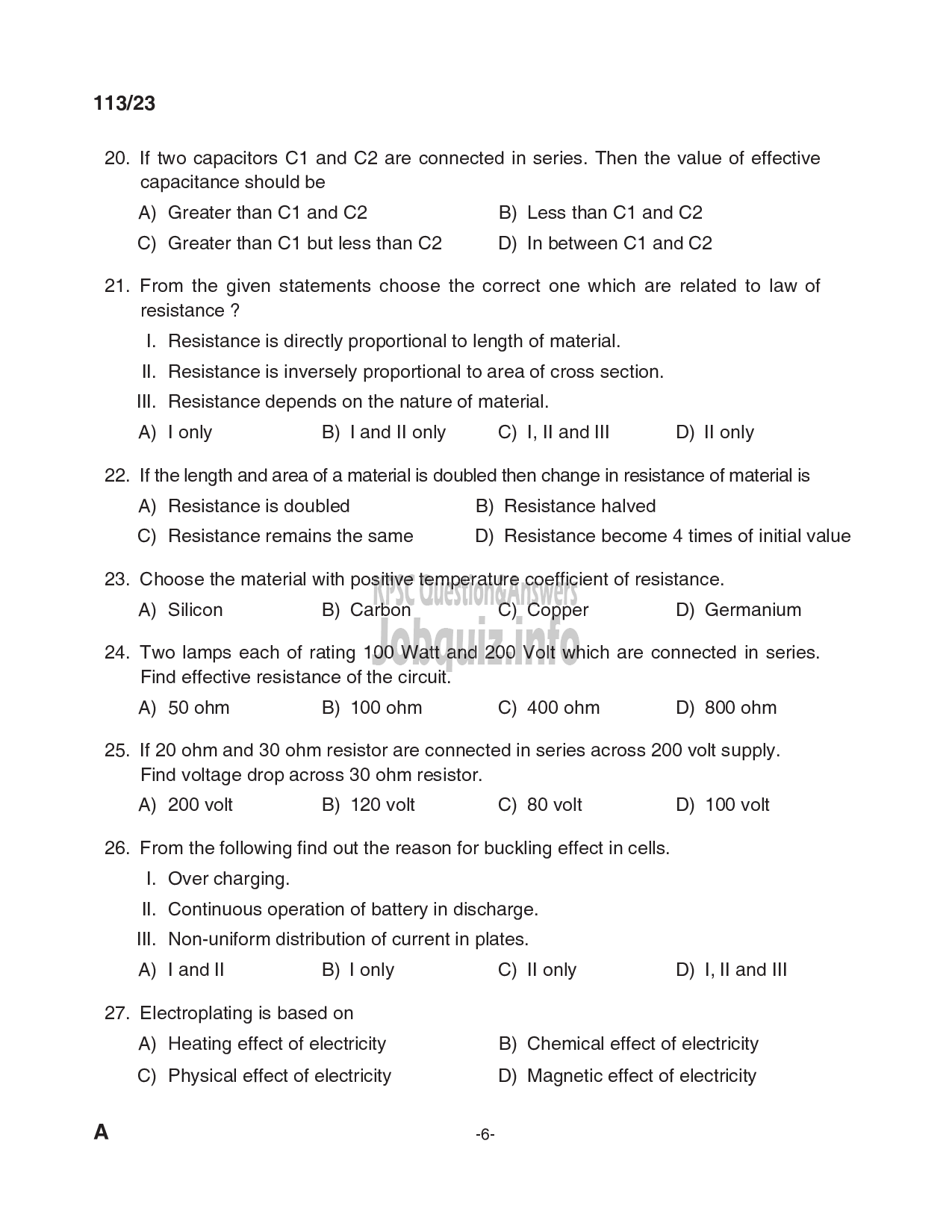 Kerala PSC Question Paper - Draftsman Grade II (Electrical), Skilled Assistant Grade II, Electrician, Lineman in Kerala State Housing Board, PWD (Electrical Wing) etc-6