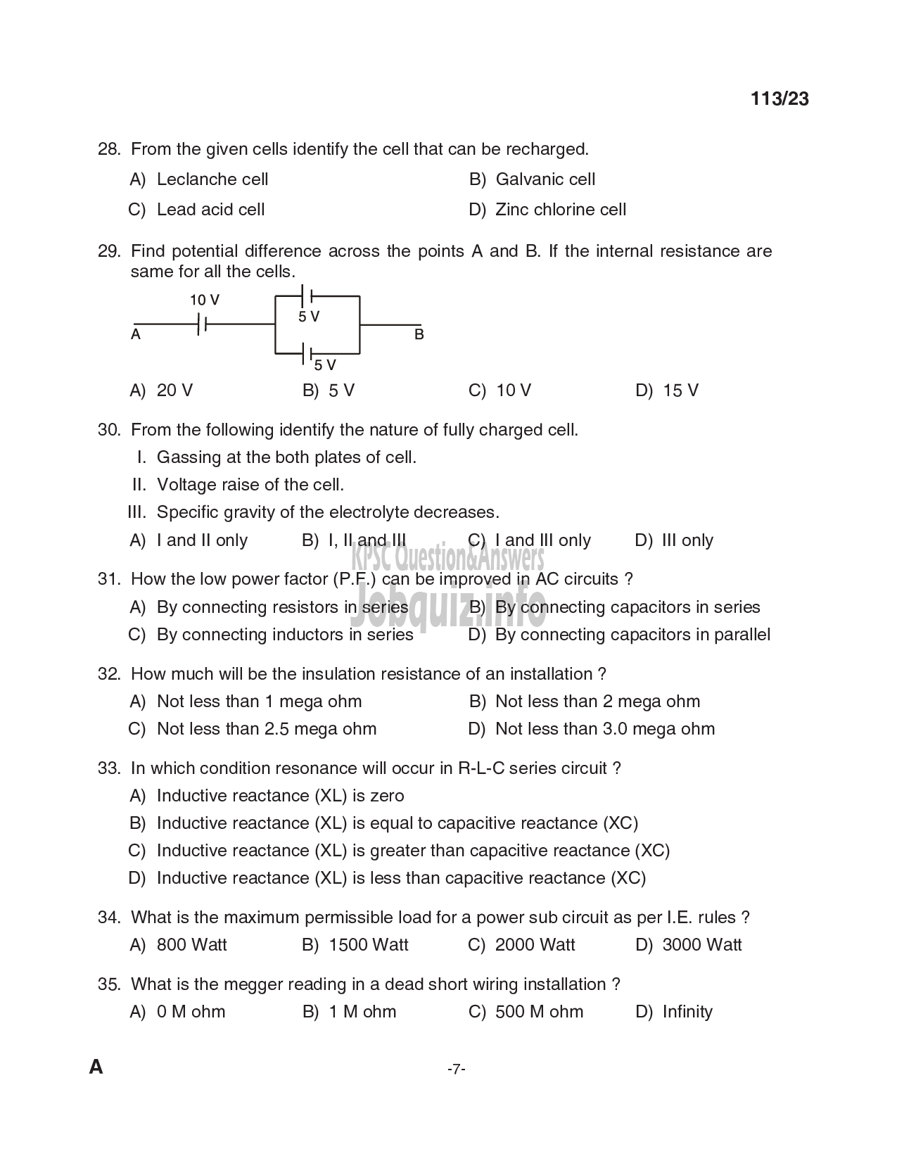 Kerala PSC Question Paper - Draftsman Grade II (Electrical), Skilled Assistant Grade II, Electrician, Lineman in Kerala State Housing Board, PWD (Electrical Wing) etc-7
